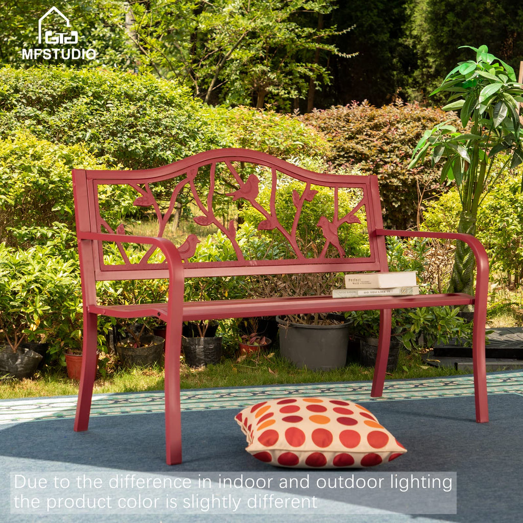 MFSTUDIO 50 Inches Outdoor Garden Bench, Cast Iron Metal Frame Patio Park Bench with Floral Pattern Backrest, Arch Legs for Porch Lawn Garden Yard(Black)
