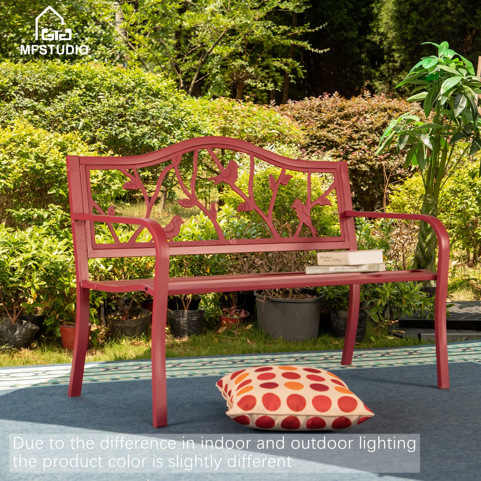 MFSTUDIO 50 Inches Outdoor Garden Bench, Cast Iron Metal Frame Patio Park Bench with Floral Pattern Backrest, Arch Legs for Porch Lawn Garden Yard(Black)