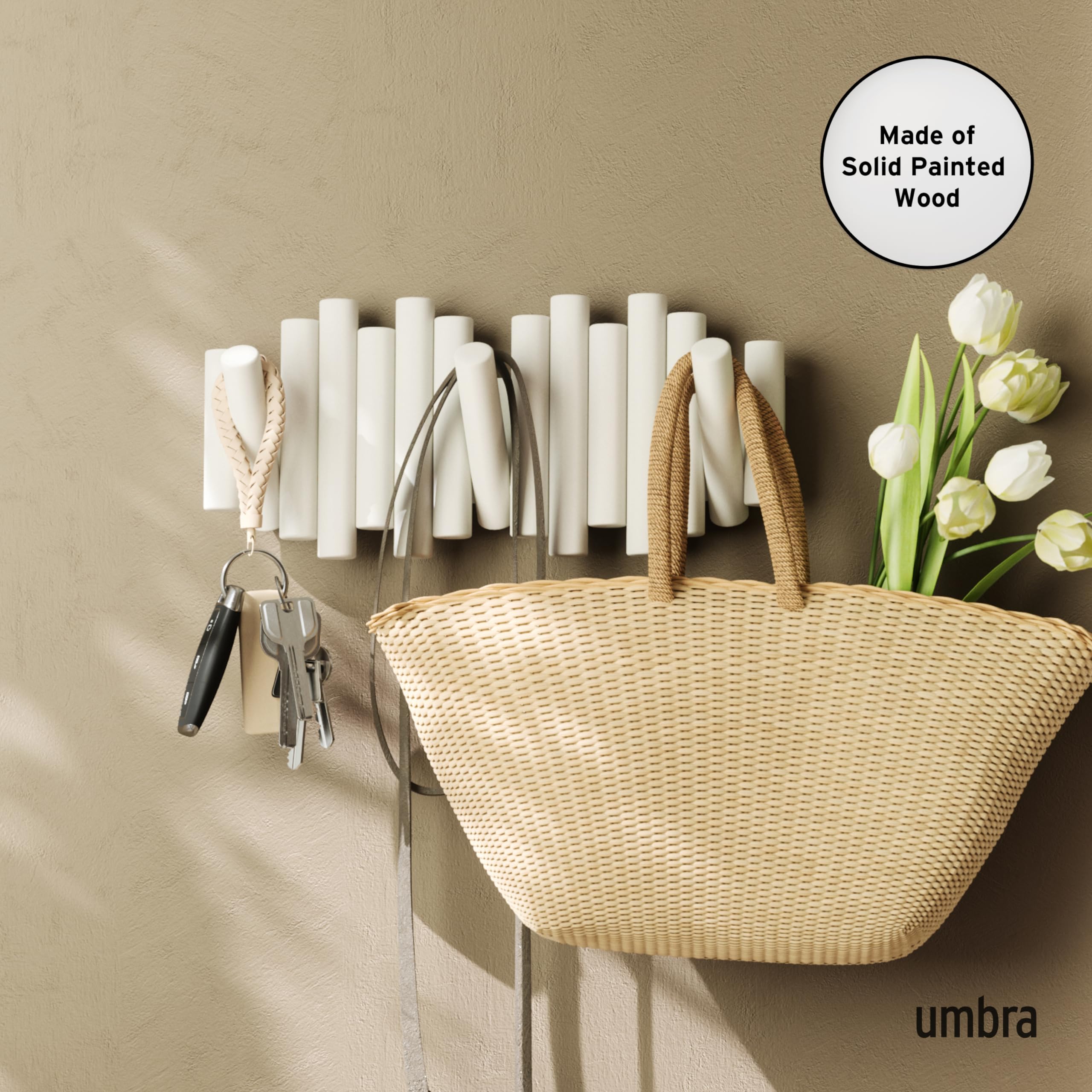 Umbra Picket Wall-Mounted Coat Rack Rail Hook with 5 Retractable Wood Pegs – Modern, Space-Saving Storage Organizer, Black