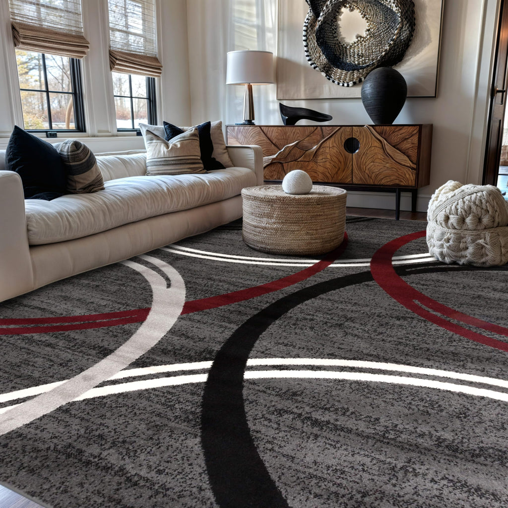 Rugshop Modern Wavy Circles Design Accent Rug, Carpet with Jute Backing for Entryway, Kitchen, or Pet Area, Black, 2' x 3'