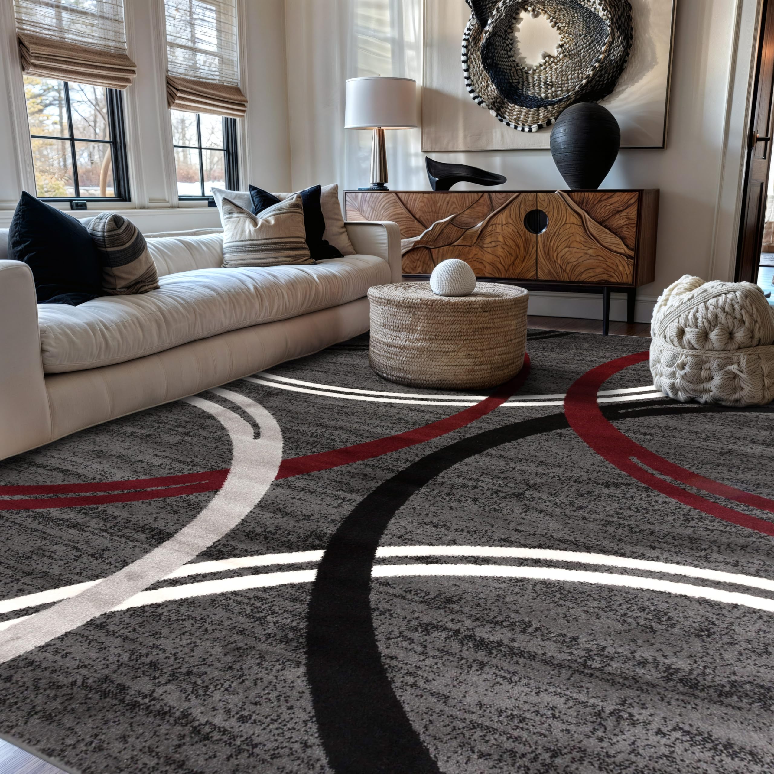Rugshop Modern Wavy Circles Design Accent Rug, Carpet with Jute Backing for Entryway, Kitchen, or Pet Area, Black, 2' x 3'