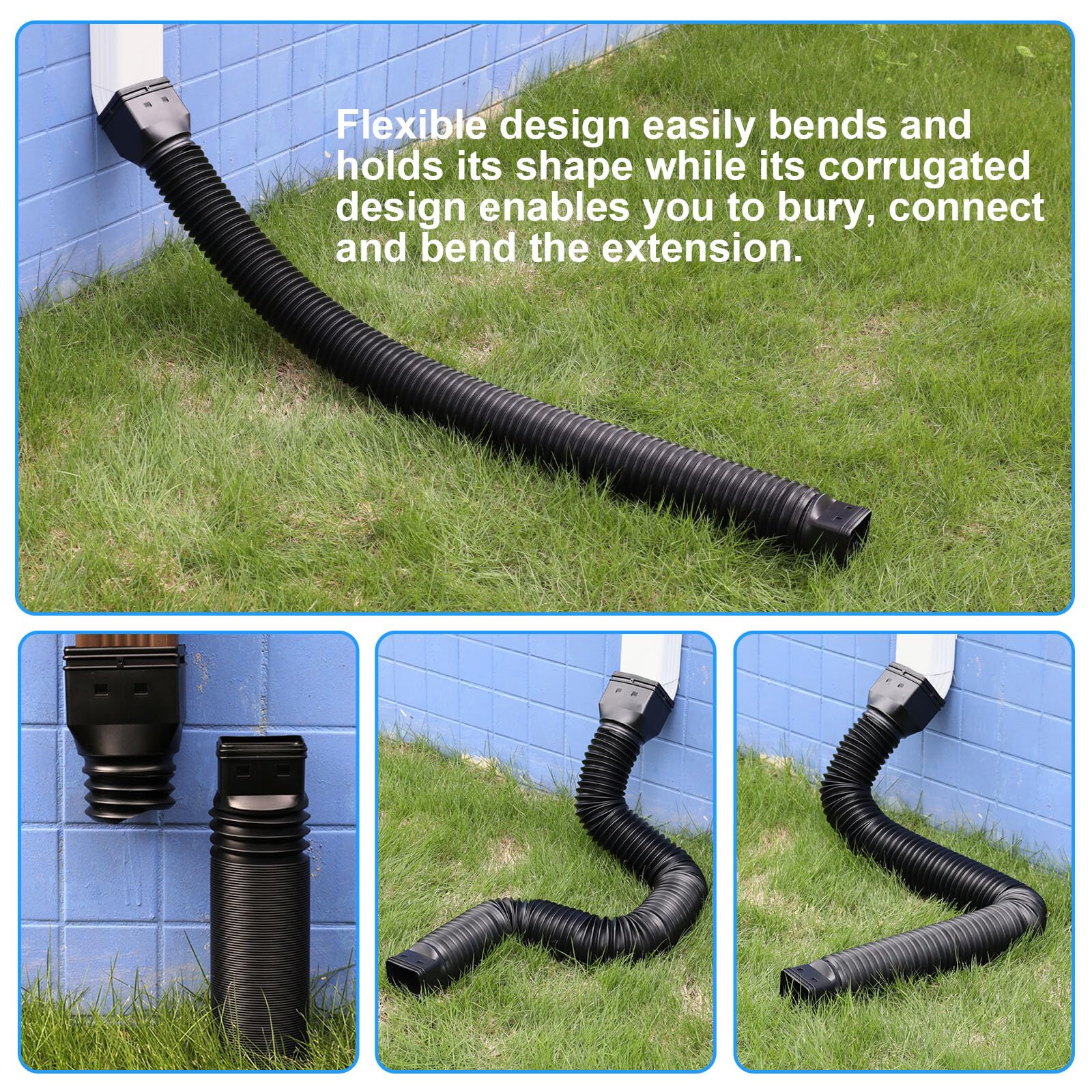 plusgutter 2 Pack Rain Gutter Downspout Extensions, Flexible Downspout Extender with 58"+68" Extendable Pipes for Rain Water Drainage, Durable Down Spout Drain Extension with Connector (Black)
