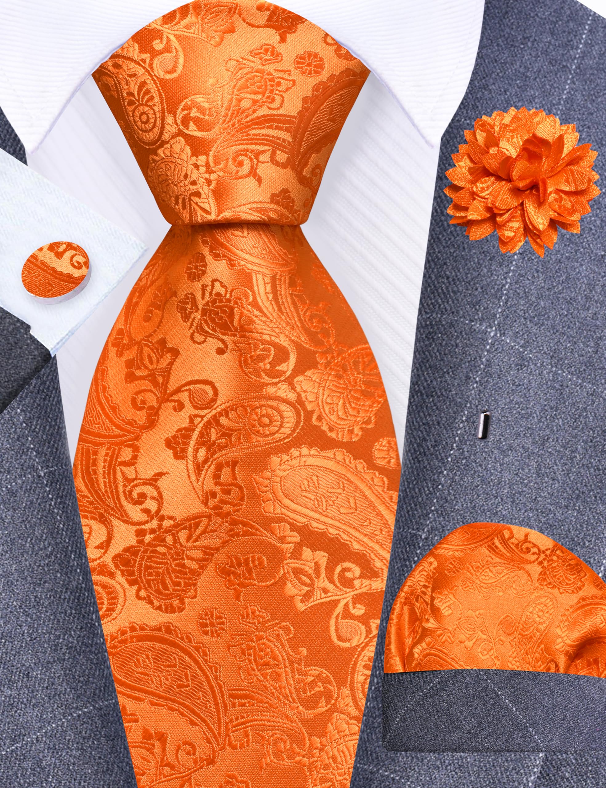 GUSLESON 3.15"（8cm） Mens Paisley Tie and Lapel Pin Necktie Hankerchief Cufflinks Set for Men