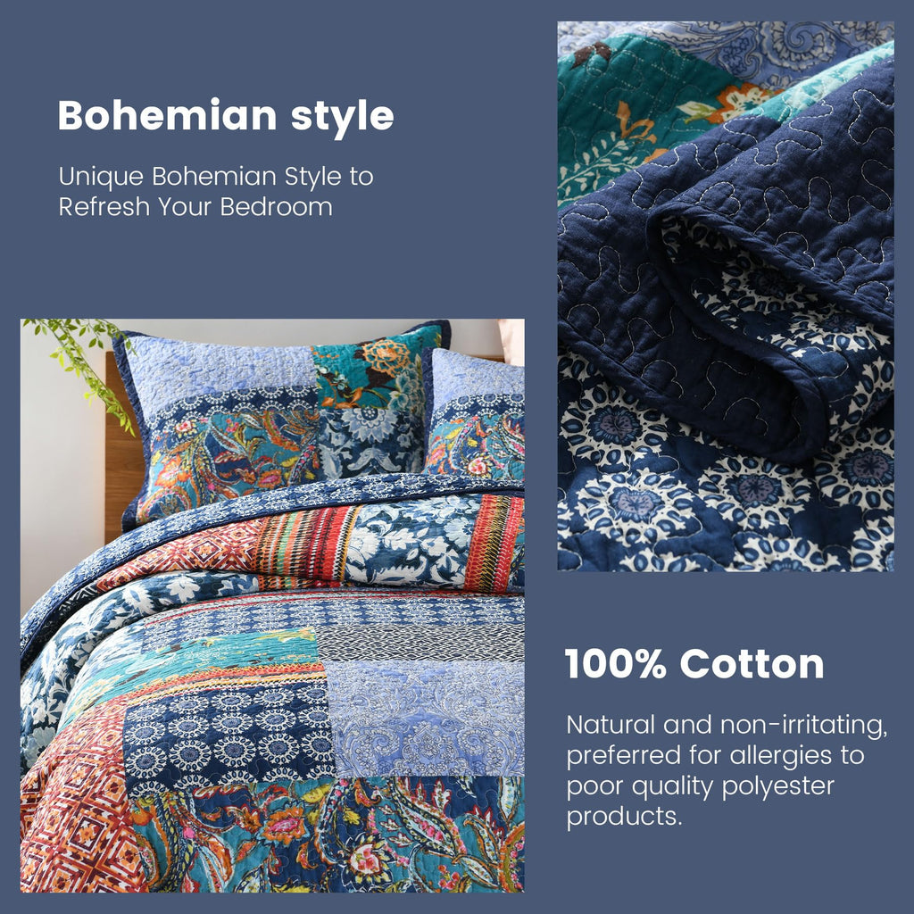 Secgo Twin Comforter Set for Bed - 100% Cotton Quilts Twin Size, Black Bedspreads with 2 Pillow Shams, Patchwork Reversible Lightweight Bedding