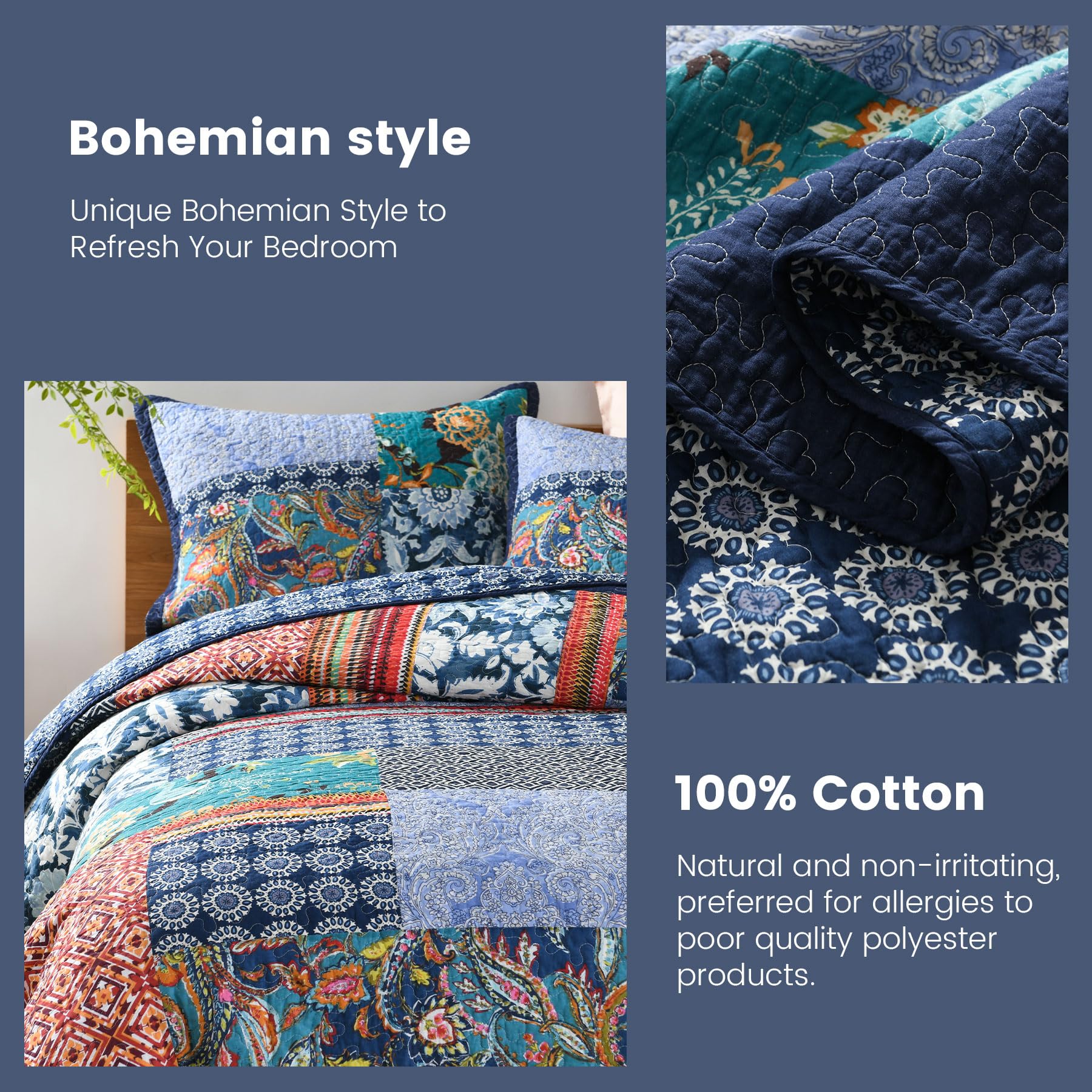 Secgo Twin Comforter Set for Bed - 100% Cotton Quilts Twin Size, Black Bedspreads with 2 Pillow Shams, Patchwork Reversible Lightweight Bedding