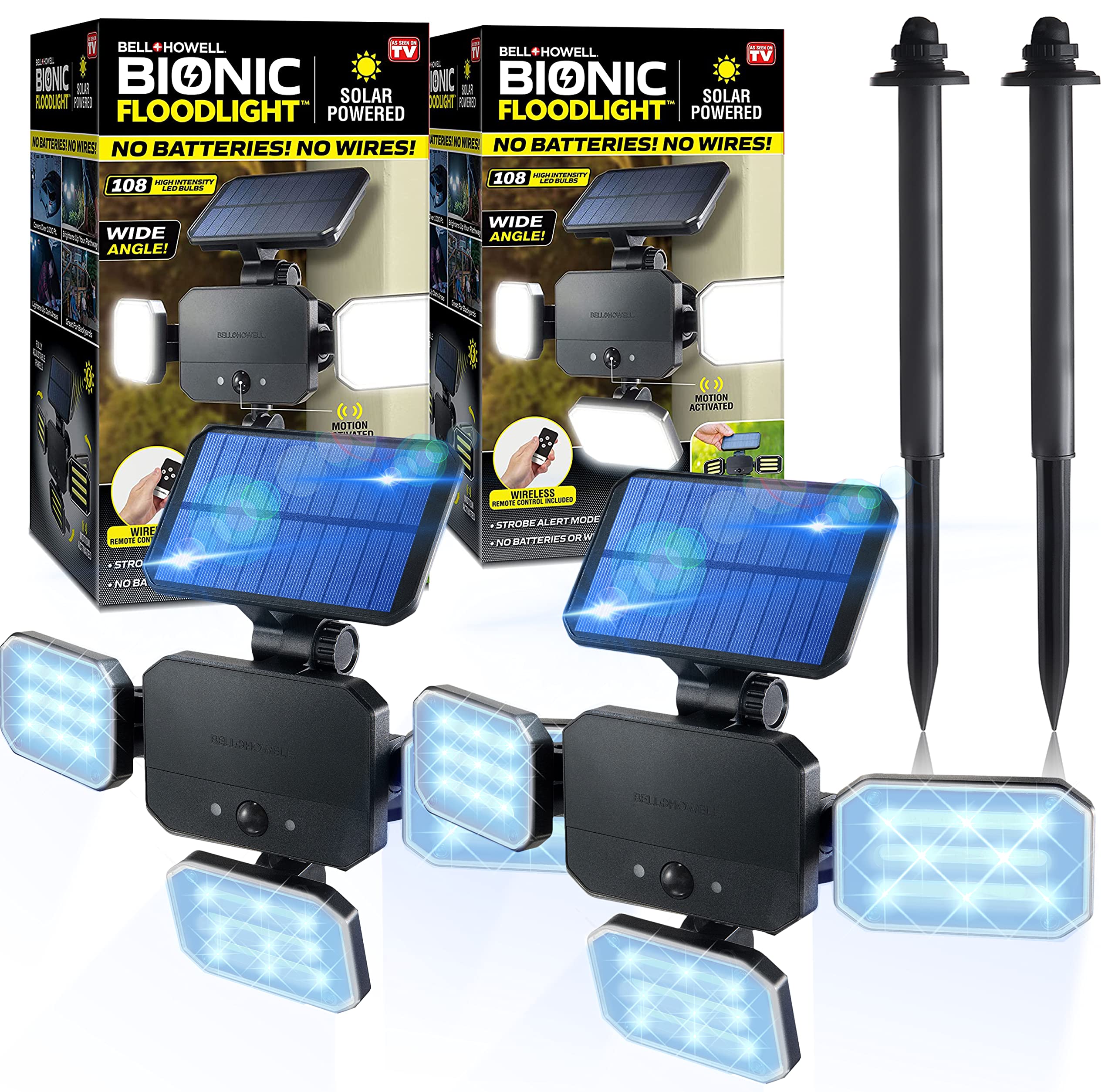 Bell+Howell Bionic Flood Light ASON TV, Solar Lights Outdoor Waterproof- 50% Brighter 108 COB-LED's w/Motion Sensor 180° Swivel, Adjustable Panels for Garden, Lawn and Patio As Seen On TV