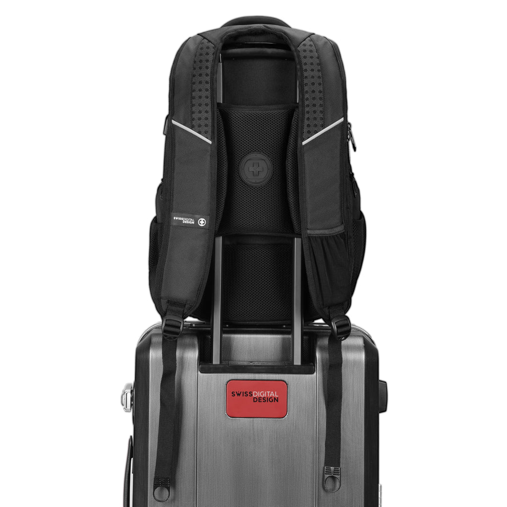Swissdigital Design Travel Backpack for Women or Men, TSA Friendly USB Charging RFID Protection Business Carry on Bag Fits 15.6" Laptop Backpack Black | J14-BR