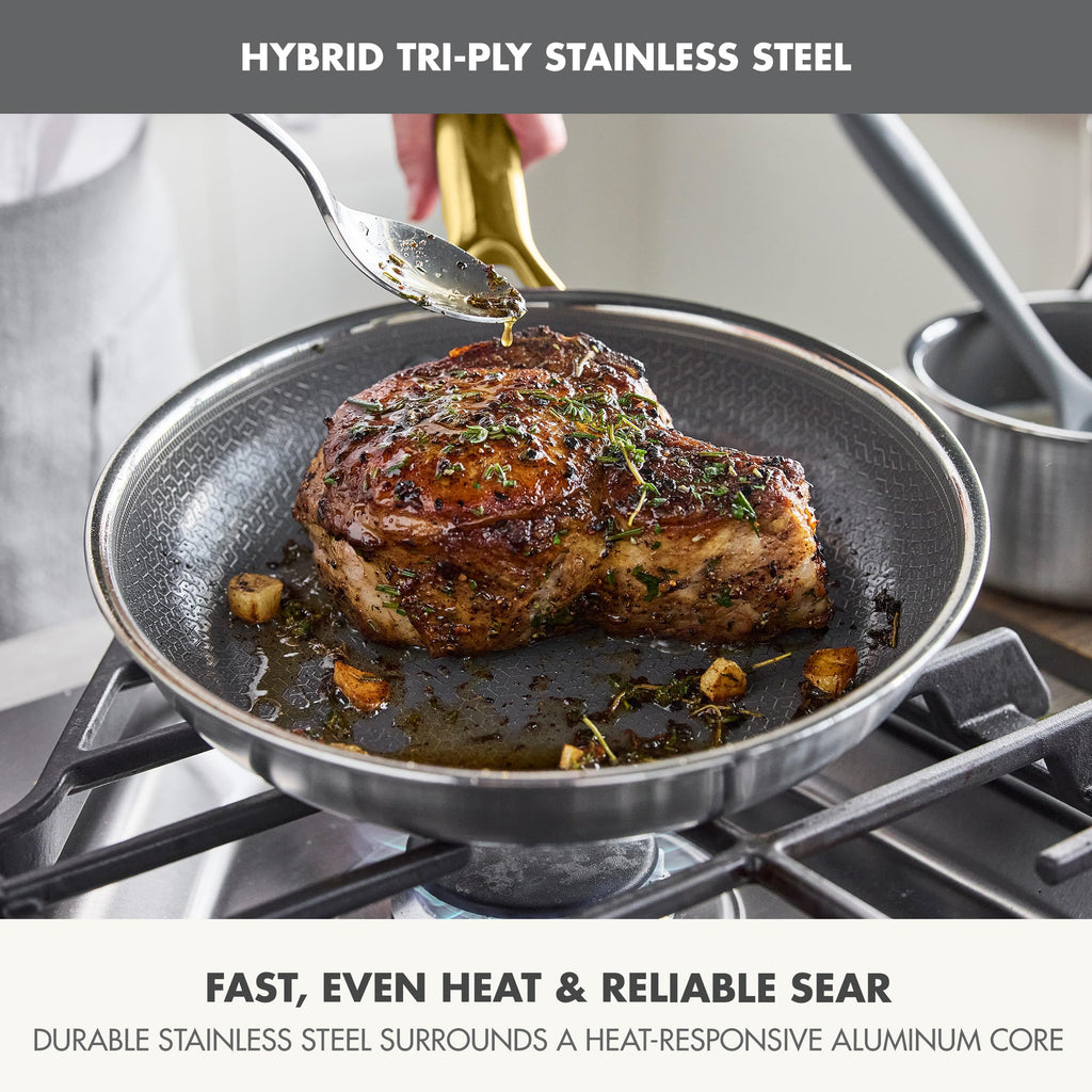 GreenPan Hybrid 9.5” & 11” Nonstick Stainless Steel Frying Pan Set, APEX Tri-Ply Thermobond PFAS-Free Ceramic Skillets, Induction & All Cooktop Compatible, Oven Temp to 850°F, Dishwasher Safe, Gold