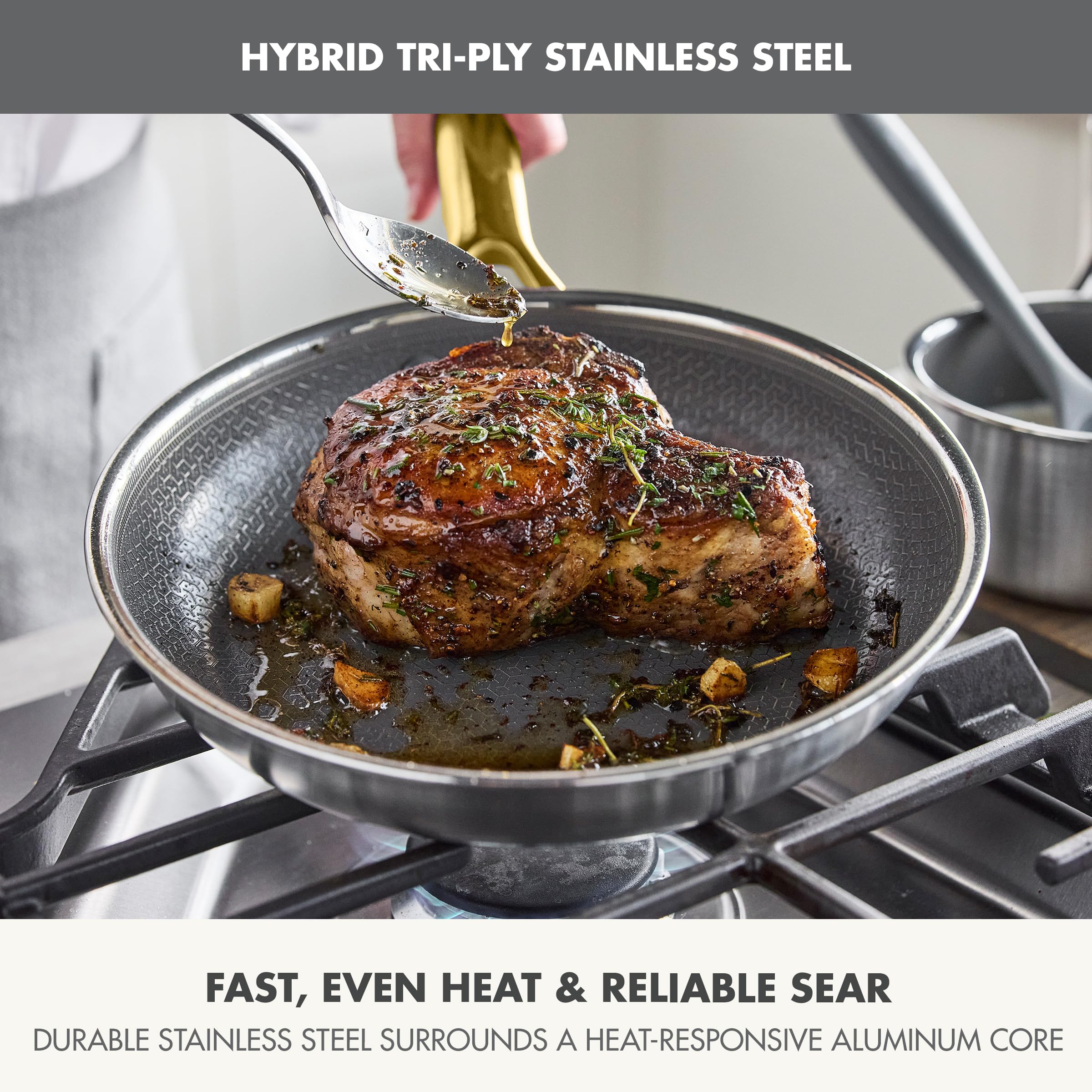 GreenPan Hybrid 9.5” & 11” Nonstick Stainless Steel Frying Pan Set, APEX Tri-Ply Thermobond PFAS-Free Ceramic Skillets, Induction & All Cooktop Compatible, Oven Temp to 850°F, Dishwasher Safe, Gold