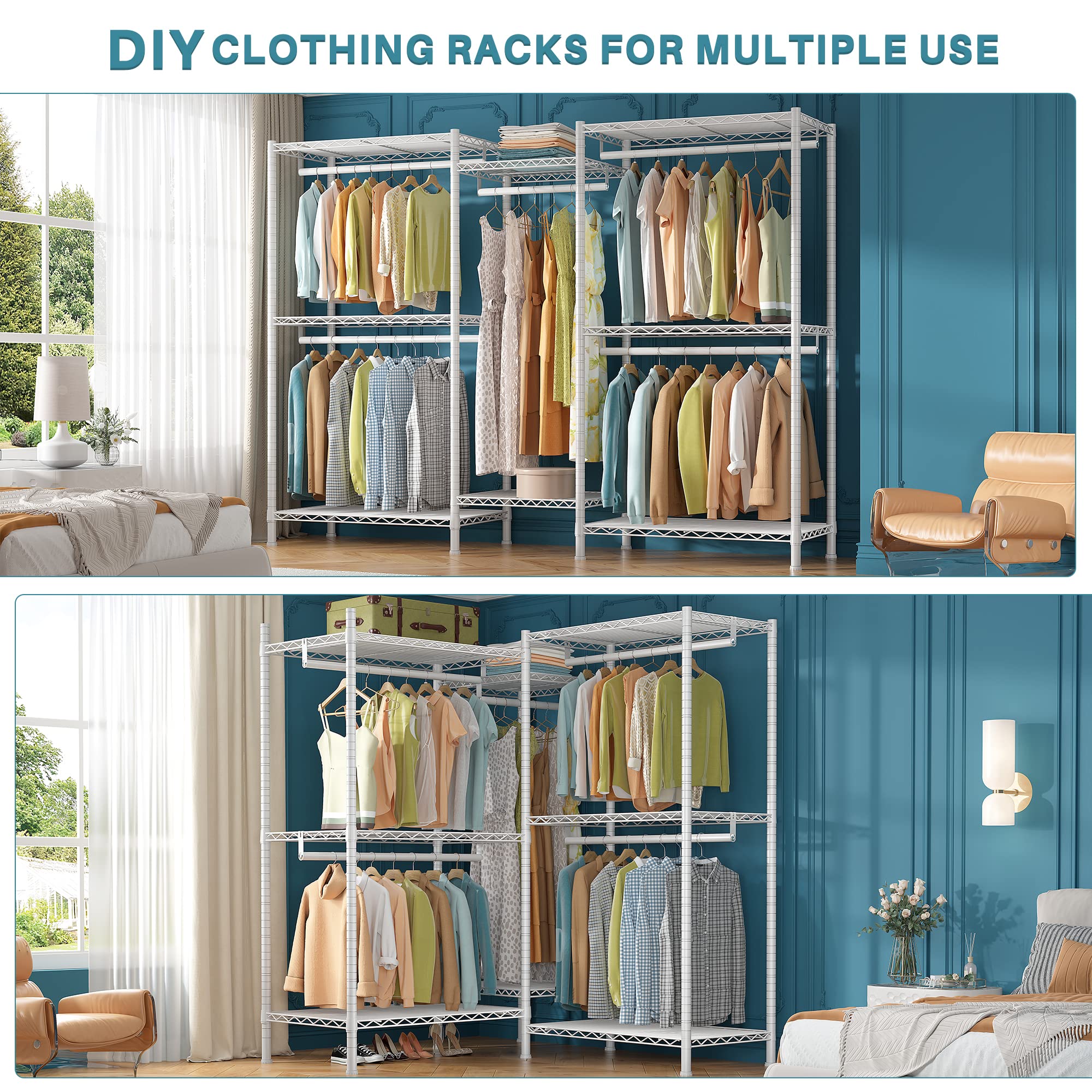 Raybee Clothes Rack,Clothing Racks for Hanging Clothes 900LBS Capacity Heavy Duty Portable Closet with 5 Hanger Rods & 8 Shelves for Walk-in Closet,Apartment