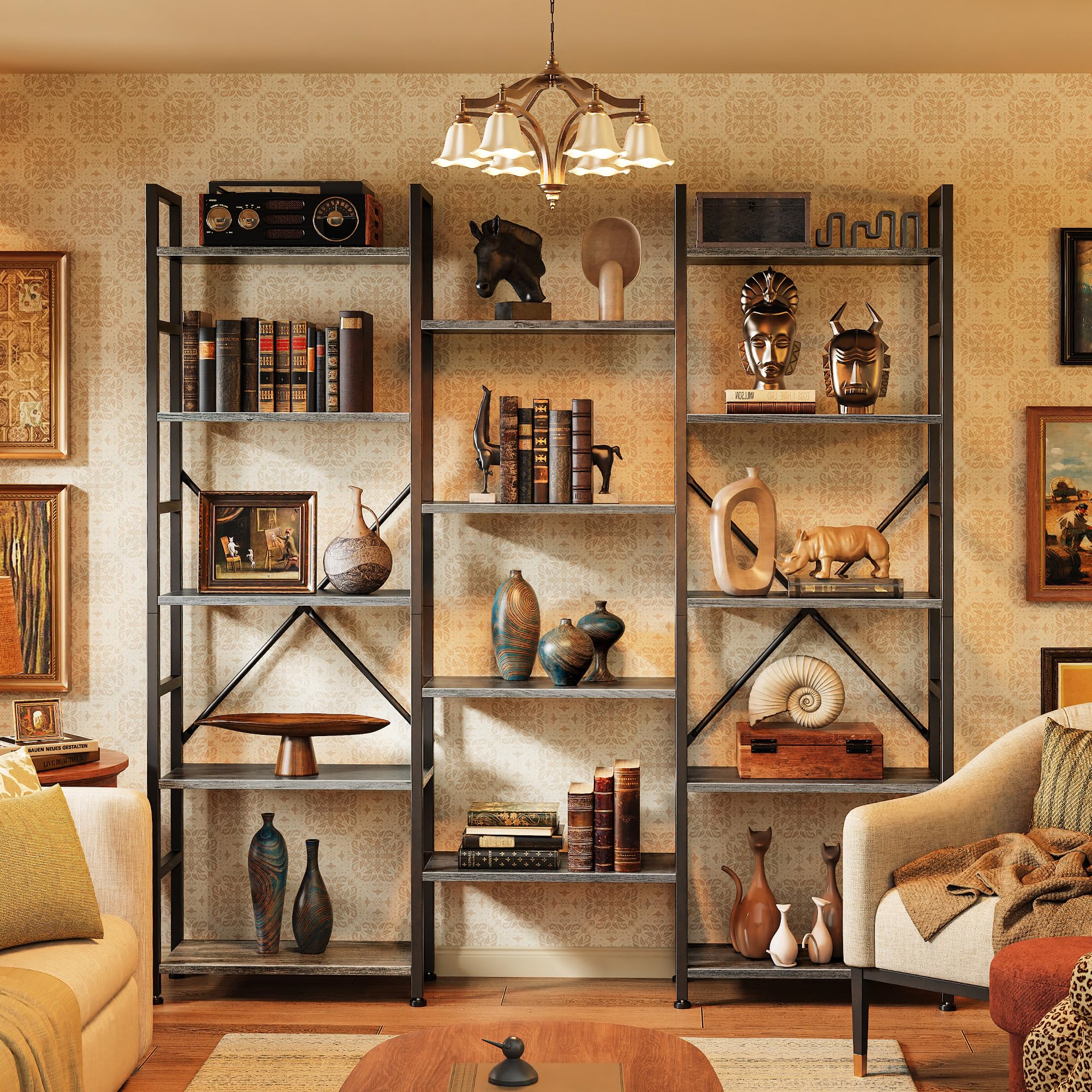 SUPERJARE Triple Bookshelf, Bookcase with 11 Open Display Shelves, Wide Book Shelf Book Case for Home & Office, 4 Tier, Black