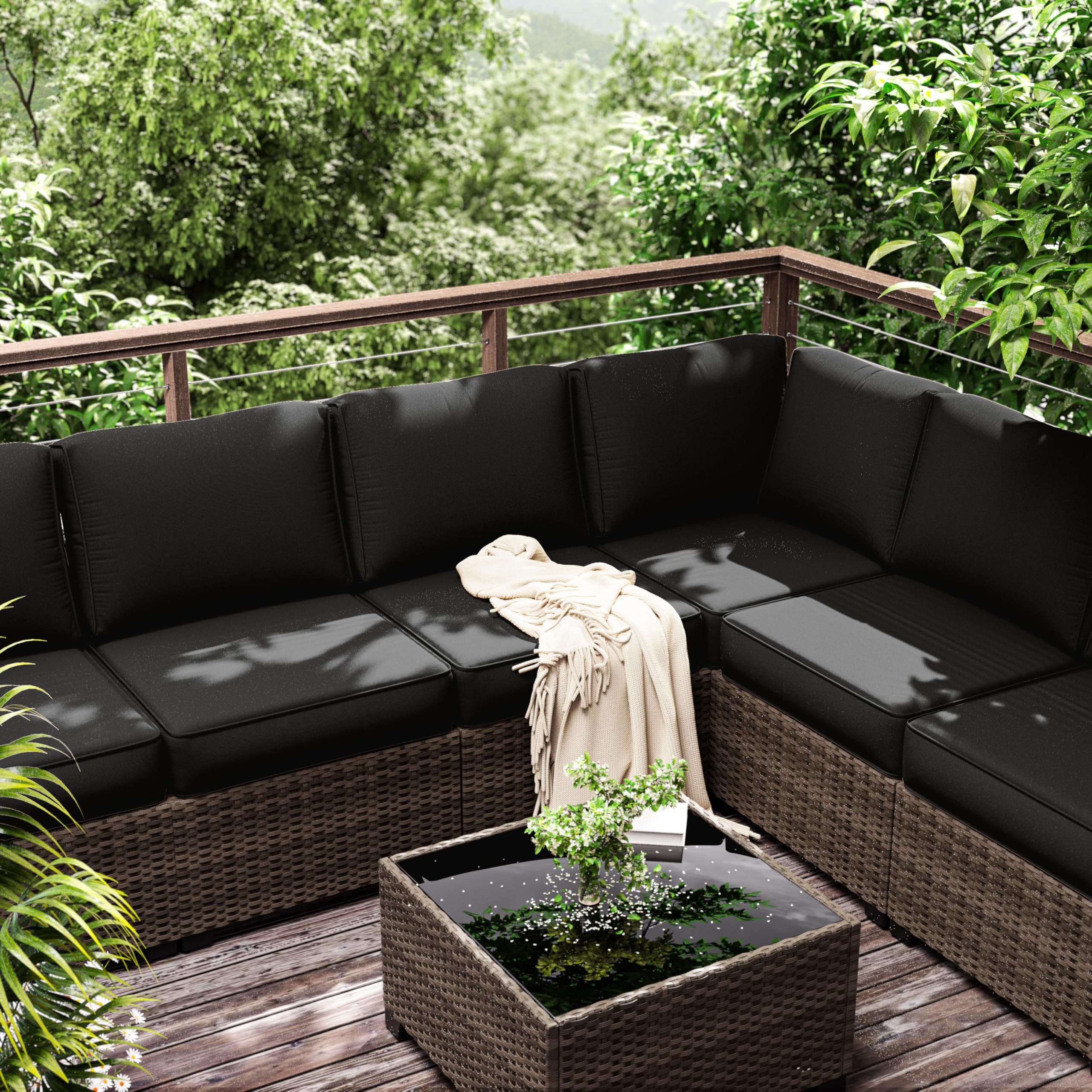 Outdoor Furniture Replacement Cushions, 5" Foam Foam High-Density, Fits 6-seat Sectional Rattan Conversation Set, 14 Piece Patio Water-Resistant Replacement Sofa Cushions, Liner&Cover