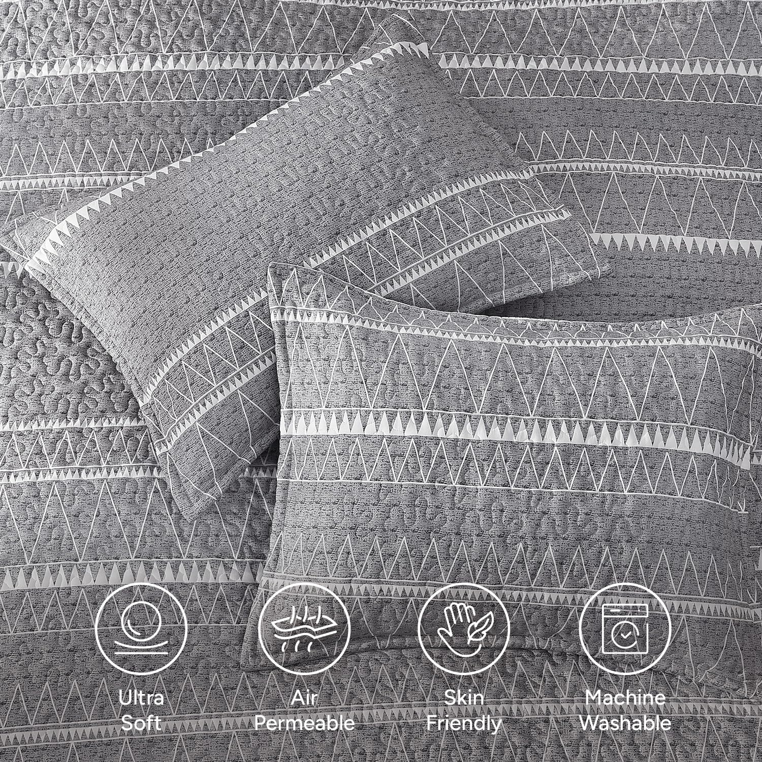 Andency Twin Quilt Set Grey, 2 Pieces Boho Lightweight Soft Striped Bedspread for All Season (68"x86"), Gray Printed Bohemian Polyester Reversible Coverlet Comoforter Sets