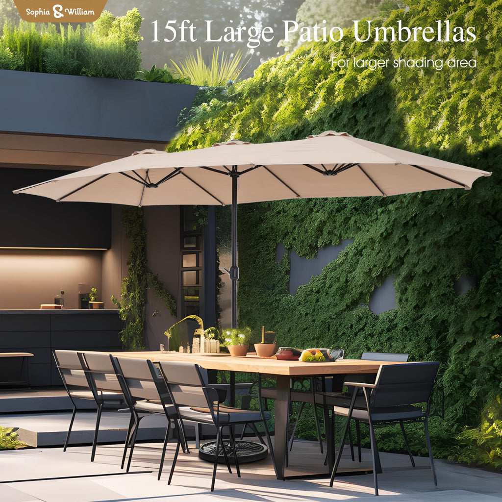 Sophia & William 15 ft Extra Large Patio Umbrella with Base Included, Rectangular Outdoor Umbrella Heavy Duty, Market Umbrella Double-sided Fade Resistant for Pool Garden Backyard, Beige