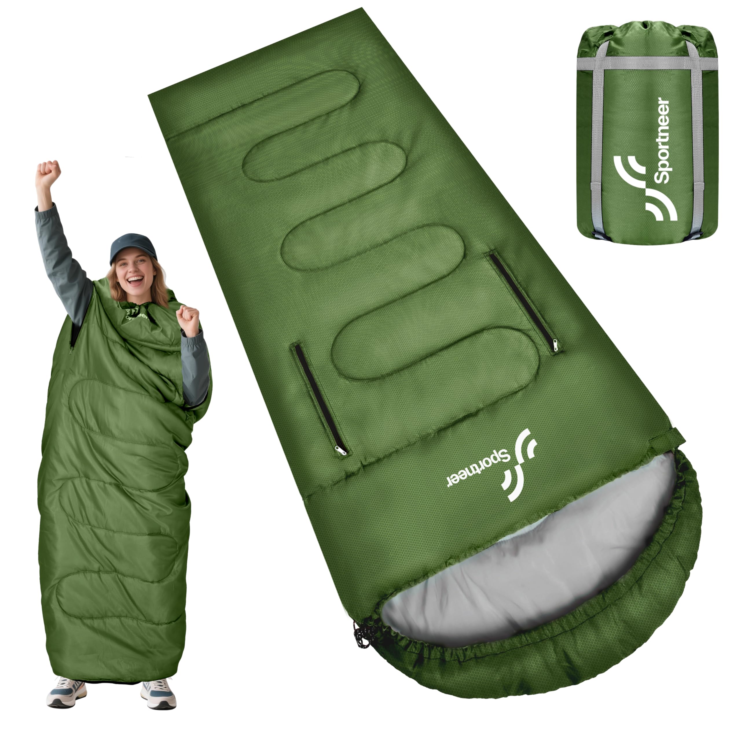 Sportneer Wearable Sleeping Bag for Adults & Kids – Walkable with Arm Zippers, Warm Weather & Cold Waterproof, Compact for Camping, Stadiums, Travel, Backpacking & Car Use