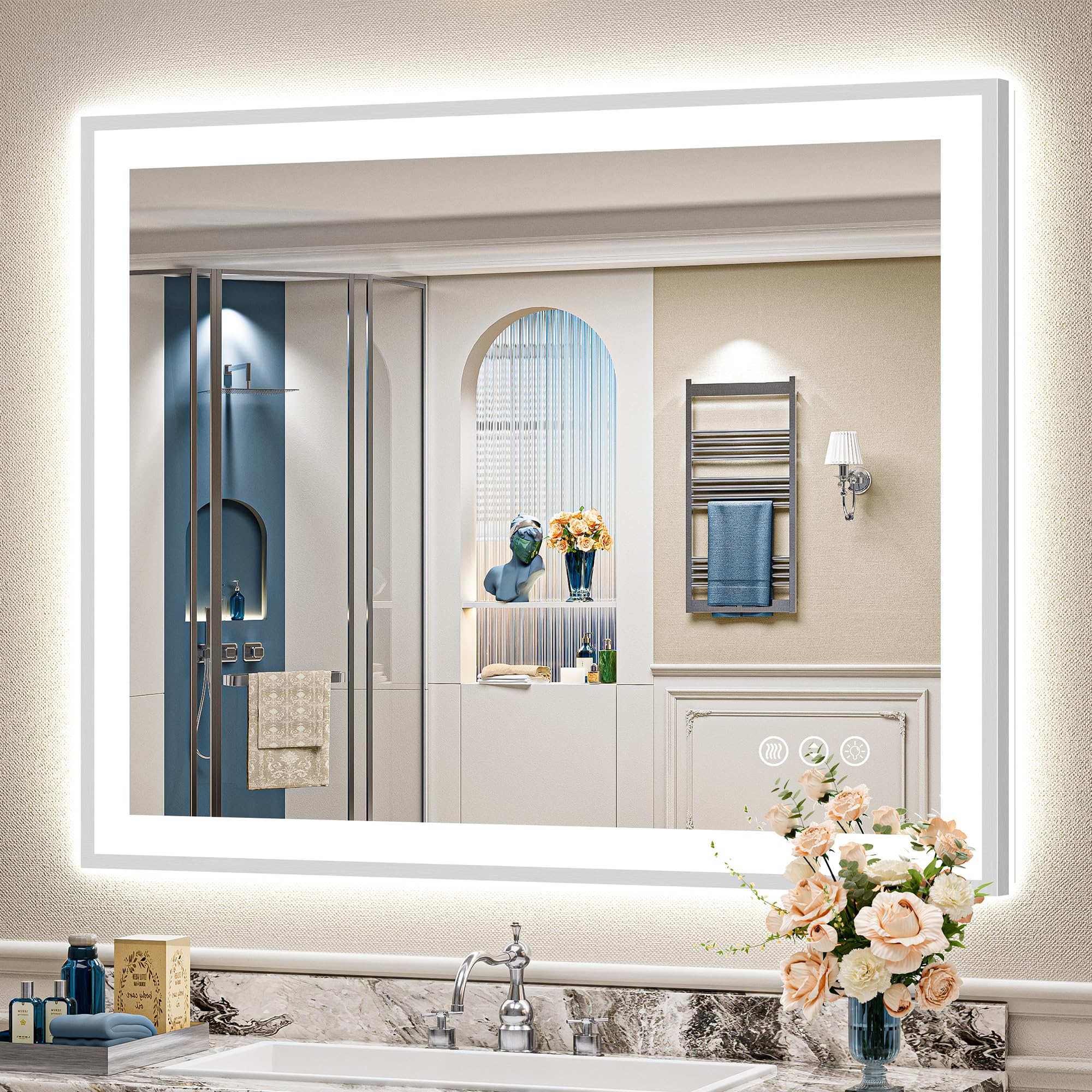 24x32 Black Framed LED Bathroom Mirror with Lights, Backlit and Front Lit Anti-Fog Lighted Vanity Mirrors for Bathroom Wall, Dimmable, 3 Colors, Memory, HD Tempered Glass, Horizontal/Vertical