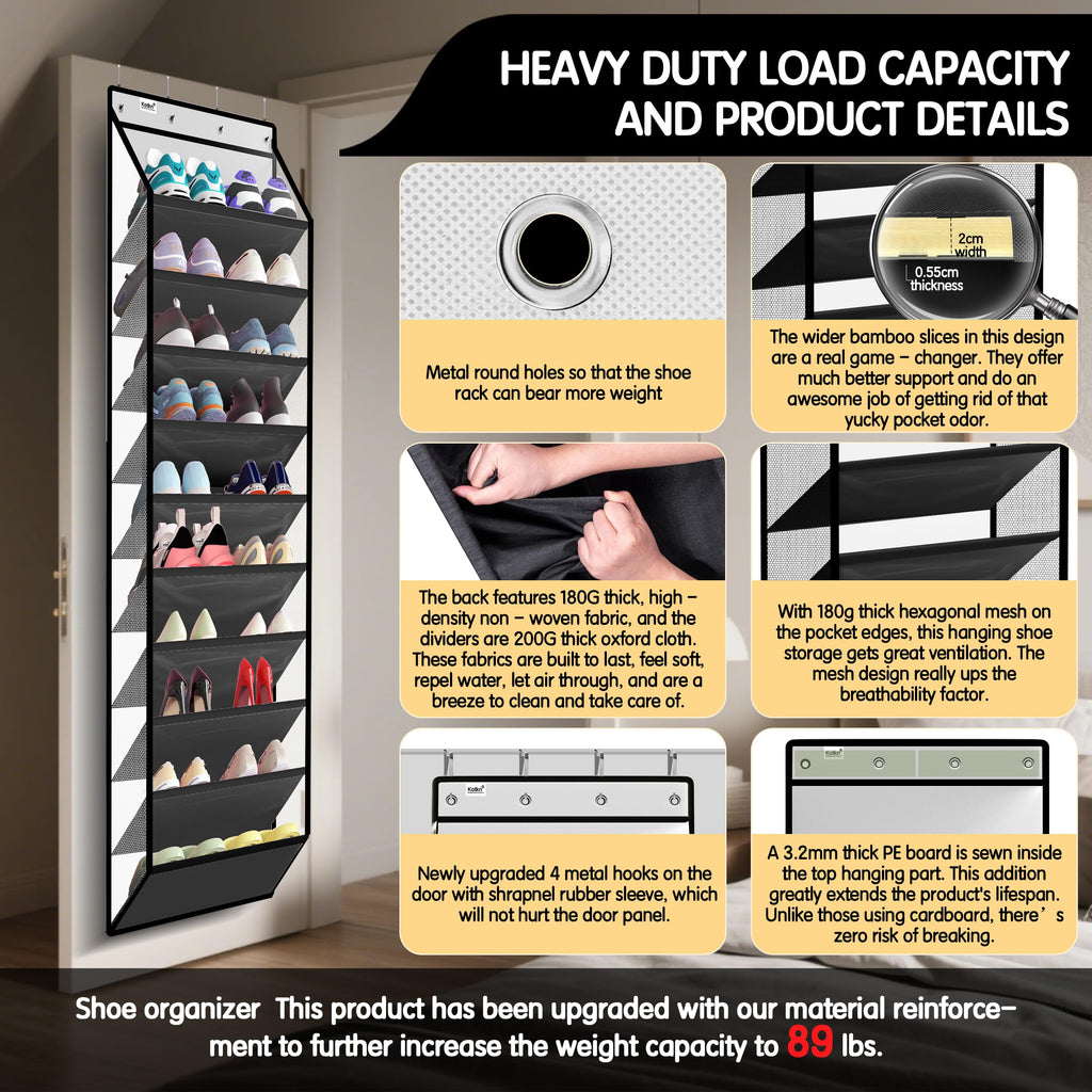 Kotkn 10 Tier Over The Door Organizer - Heavy Duty Hanging Storage Rack with Sturdy Oxford Fabric, Holds 20+ Pairs of Footwear, Boots & Sneakers, Saves 50% Closet Space(Beige)