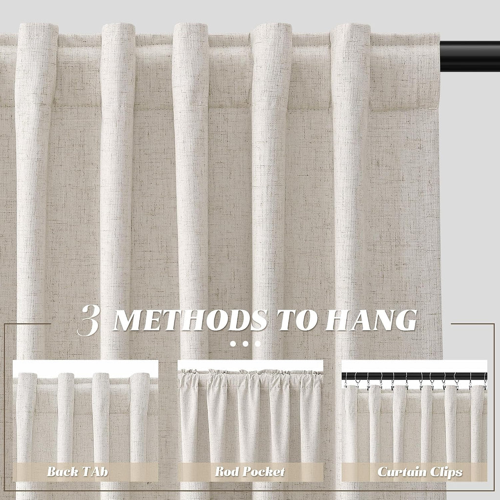 Joywell Extra Long 100% Blackout Linen Curtains 102 Inch Long 2 Panels Set for Bedroom Living Room Nursery,Back Tab Rod Pocket Room Darkening Thermal Insulated Black Out Window Drapes,Beige 52x102