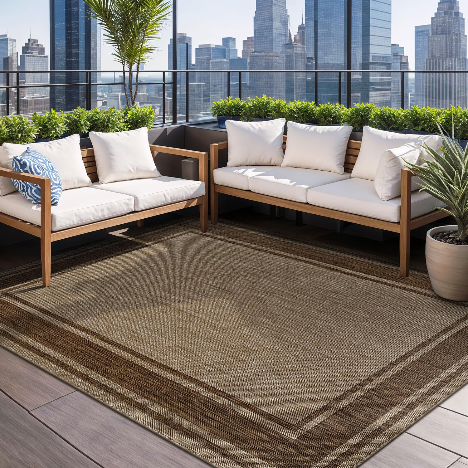 Beverly Rug Outdoor Rug 5x7 Modern Bordered Area Rugs for Indoor and Outdoor Patio Deck Porch Garden Waterproof Weather Sun Resistant Washable Outside Carpet (5 x 7 Beige)