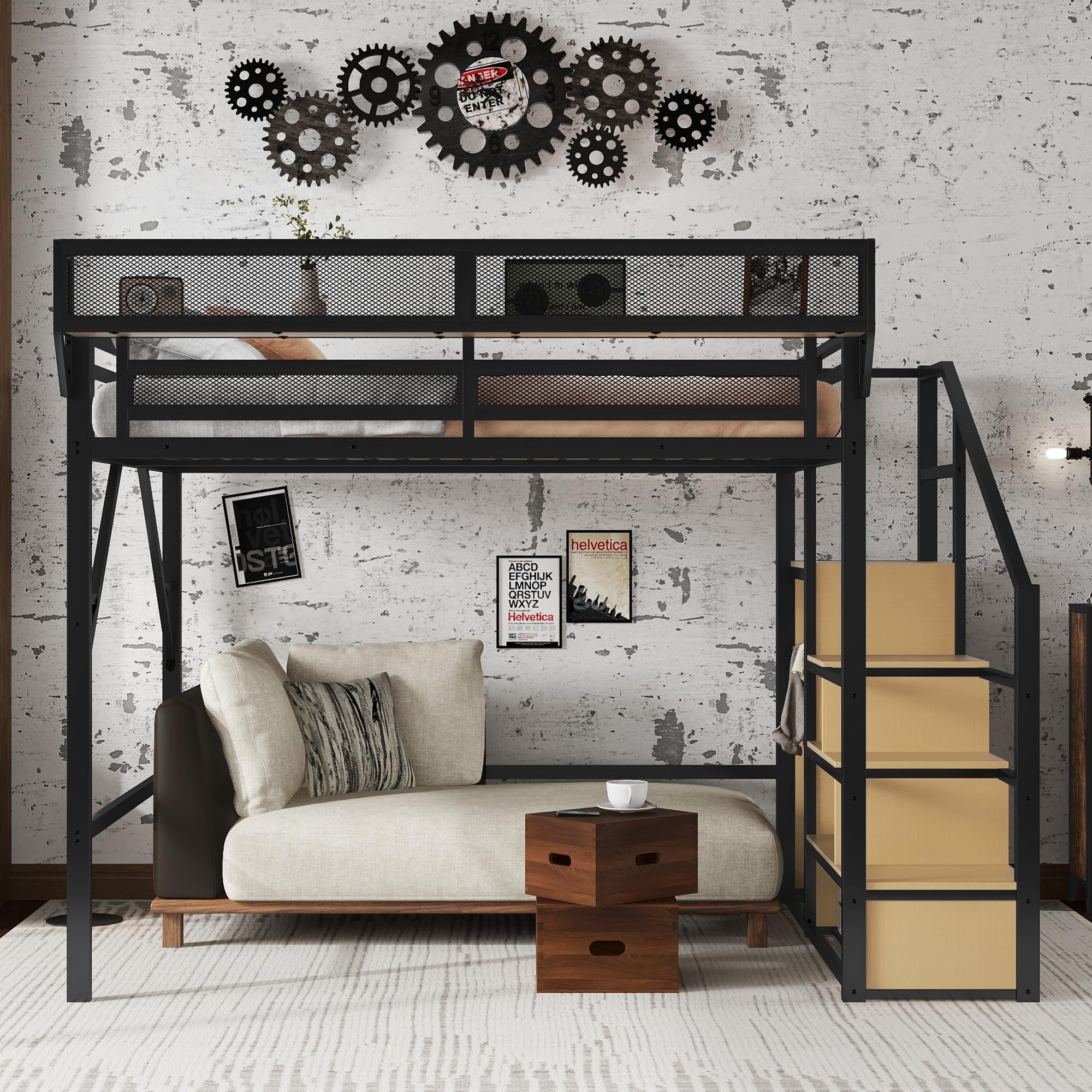 Mirightone Full Size Loft Bed with Stairs, Metal Loft Beds, High Loft Bed Frame with Storage Shelves, Lofted Full Bed with Wardrobe for Kids and Teens, No Box Spring Needed (Black)