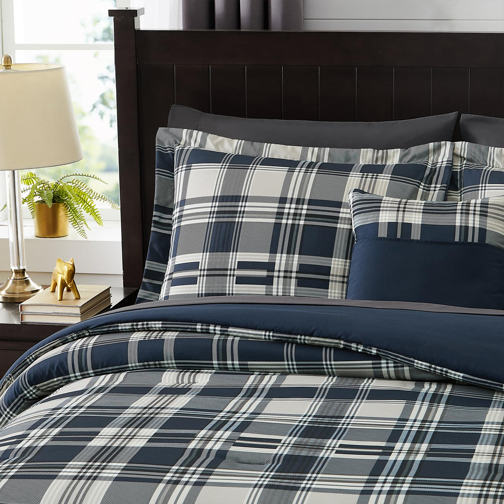 MaiRêve Queen Comforter Set, Classic Plaid Farmhouse Bedding Sets 7 Pieces, Beige All Season Bed in A Bag with Sheets, Pillowcases & Shams