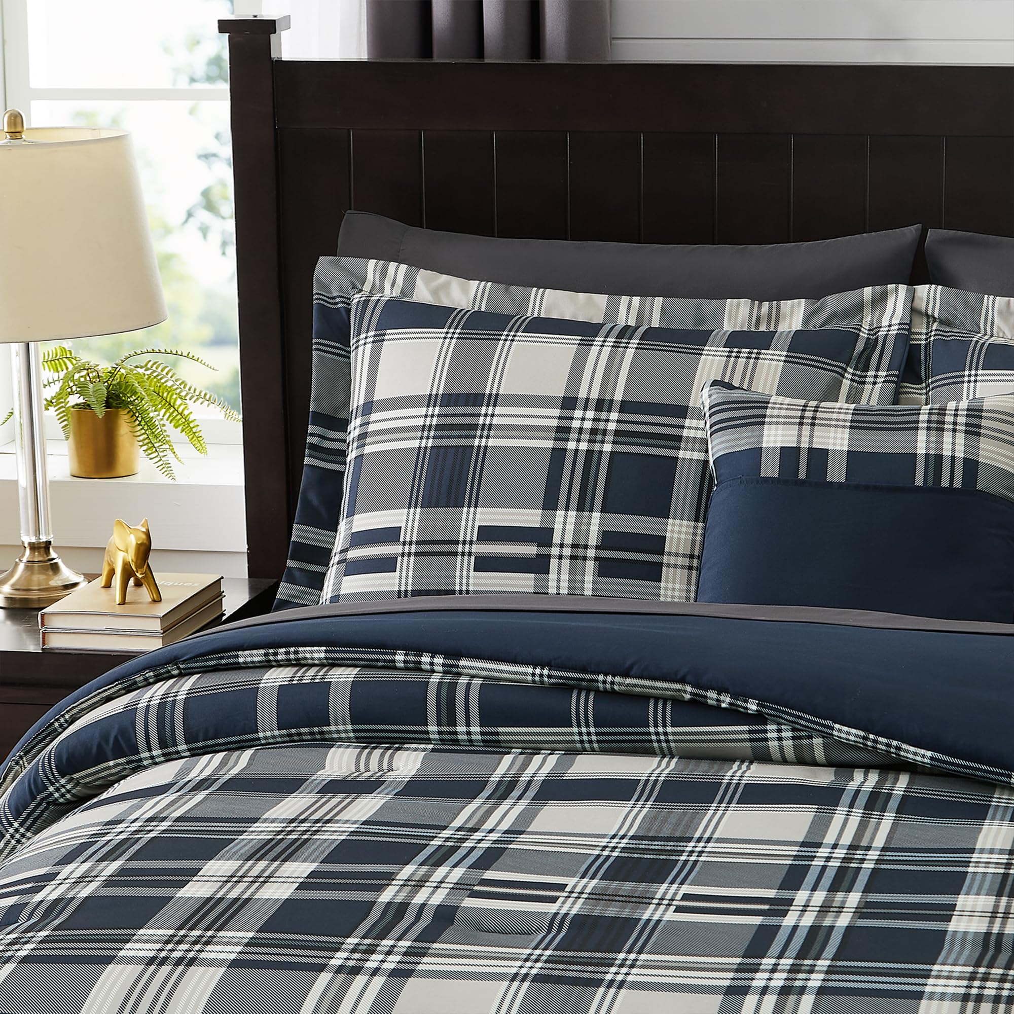 MaiRêve Queen Comforter Set, Classic Plaid Farmhouse Bedding Sets 7 Pieces, Beige All Season Bed in A Bag with Sheets, Pillowcases & Shams