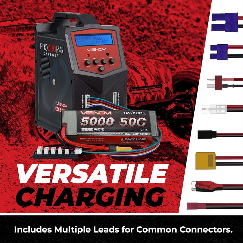 Venom Power Pro Duo LiPo Battery Charger - LCD Screen, Charging Leads - Balance Charger & Discharger for LiPo, LiHV, Li-Ion, Life, NiMH, NiCD, Pb Batteries - Power Supply for 1S- 6S, Drone & RC Cars