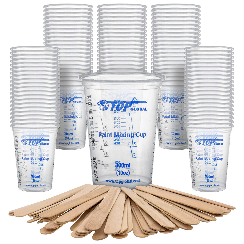 TCP Global 10 oz. (300ml) Graduated Plastic Mixing Cups - Box of 100 with 50 Mixing Sticks - Disposable Plastic Measuring Cups for Liquids, Paints, Resin, Epoxy, Art, Kitchen - Ratios 2-1, 3-1, 4-1 ML