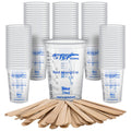 TCP Global 10 oz. (300ml) Graduated Plastic Mixing Cups - Box of 100 with 50 Mixing Sticks - Disposable Plastic Measuring Cups for Liquids, Paints, Resin, Epoxy, Art, Kitchen - Ratios 2-1, 3-1, 4-1 ML
