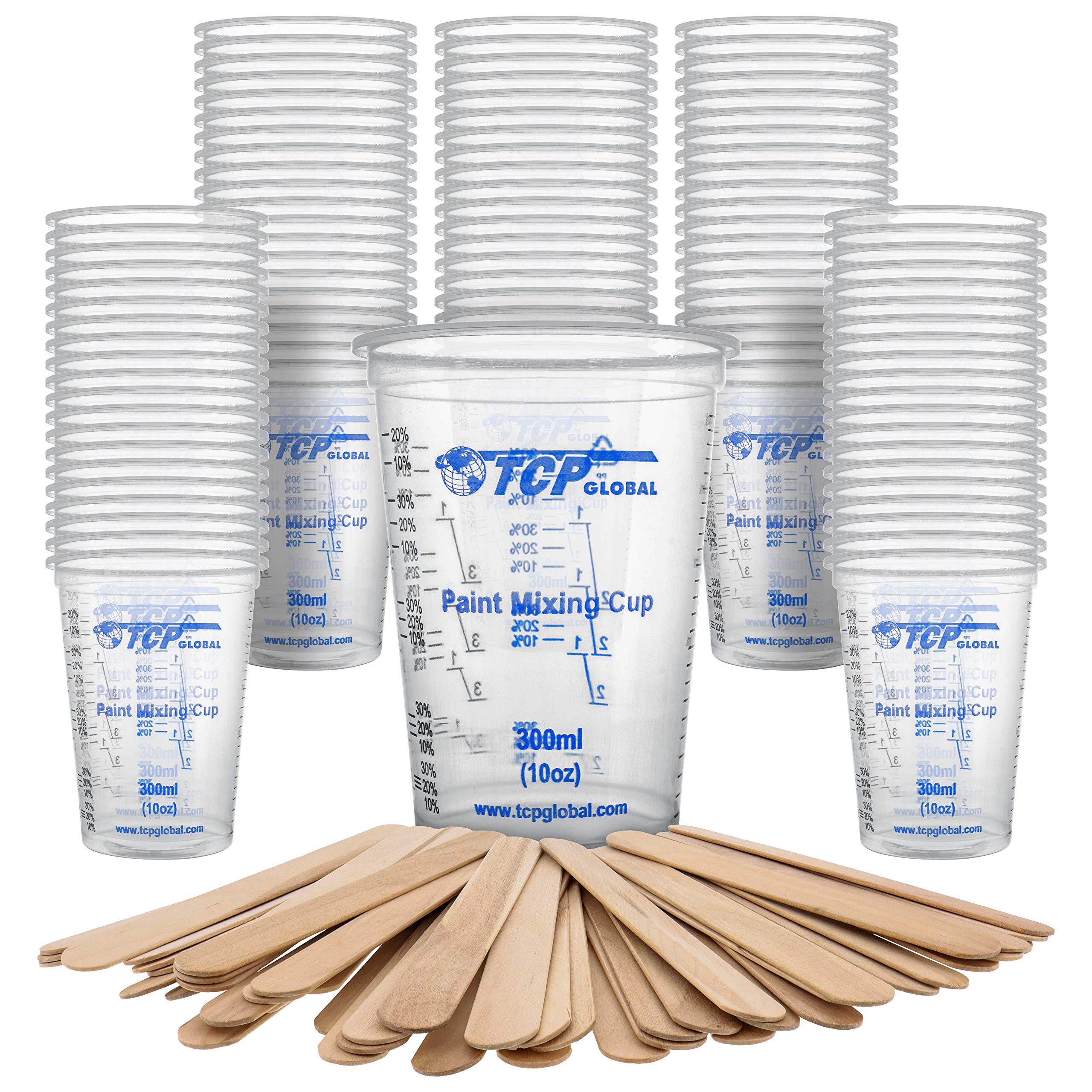 TCP Global 10 oz. (300ml) Graduated Plastic Mixing Cups - Box of 100 with 50 Mixing Sticks - Disposable Plastic Measuring Cups for Liquids, Paints, Resin, Epoxy, Art, Kitchen - Ratios 2-1, 3-1, 4-1 ML