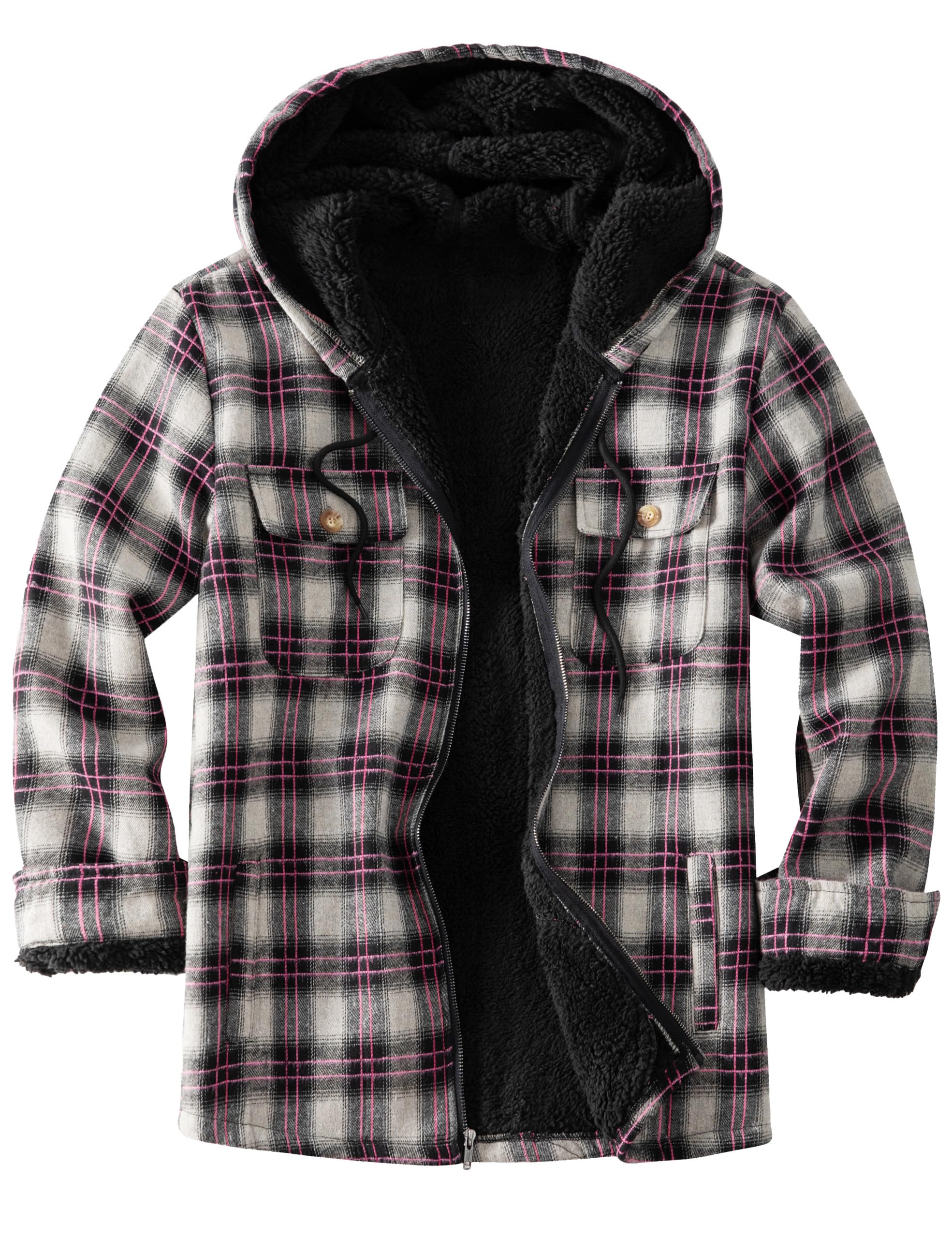 Men's Flannel Plaid Hooded Jackets Full Zip Sherpa Fleece Lined Hoodies Fashion Warm Coat