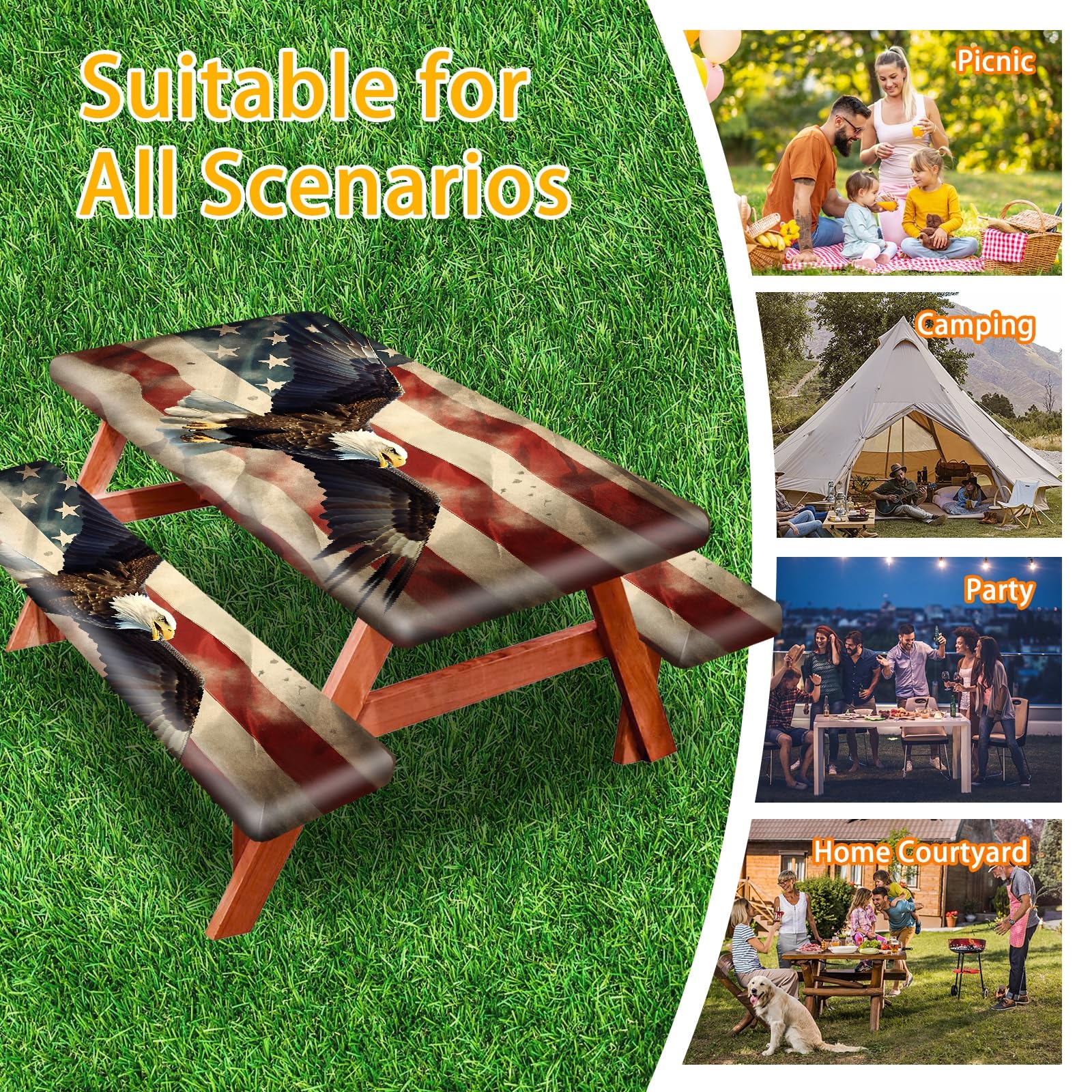 Park Picnic Table Cover with Bench Covers Lightweight Camping Essentials, Oil-Proof Waterproof 3PCS Tablecloth with Elastic, Fitted for Table 6FT Rectangle and Seats, American Flag Eagle (72x30in)