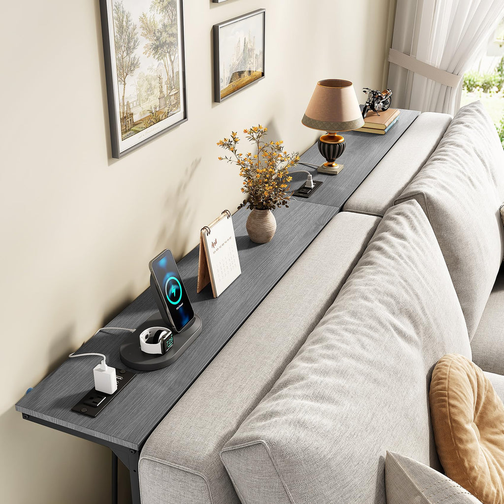 Kitstorack Narrow Sofa Table with Charging Station, 78.8" Behind Couch Table, Adjustable 24.4"-32.7" Height, Modular 2-piece Design for sectionals, entryways, Apartments, and Narrow Living Spaces
