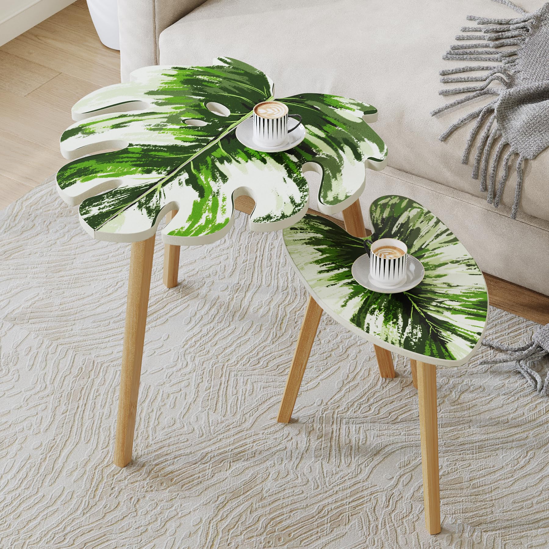 BAMEOS Monstera Leaf Nesting Tables Set of 2, Small Side Tables f Set with Leaf Vein Pattern, Modern Wooden CoffeeTables for Living Room Bedroom Apartment Balcony Yard