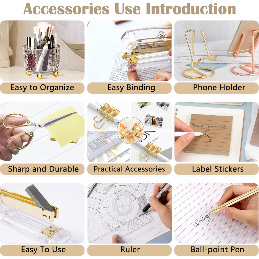 Dimonluce Office Desk Accessories, Black Office Supplies Accessories with Tape Dispenser, Stapler, Staple Remover, 1000 Staples, Tape, Clips Set, Ruler, Scissor, Pen
