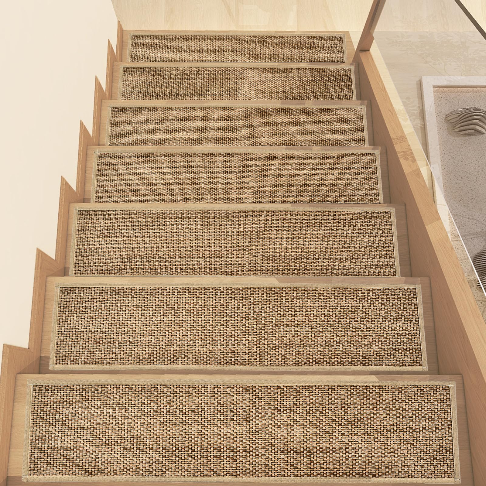 Non Slip Stair Treads for Wooden Steps, Square Rubber Backing Non Slip Stair Landing Mat, Thicken Linen Carpet Stair Runners Indoor, No Residue Stair Carpet Treads, 29"x29", Beige