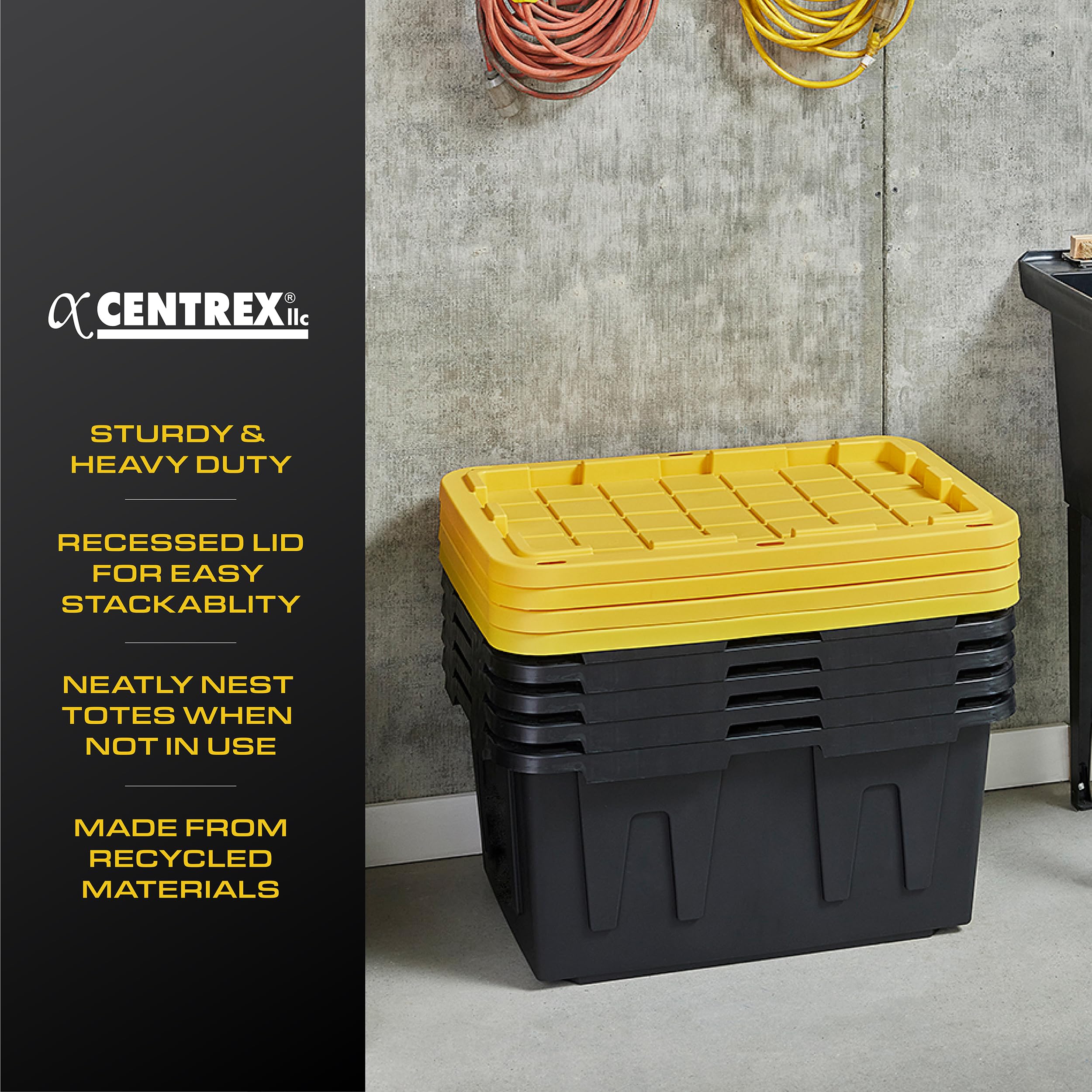 CX Black & YELLOW, Shelving Unit and Heavy Duty Storage Containers, Extremely Durable (Shelf + 27 Gallon Container (4-Pack))