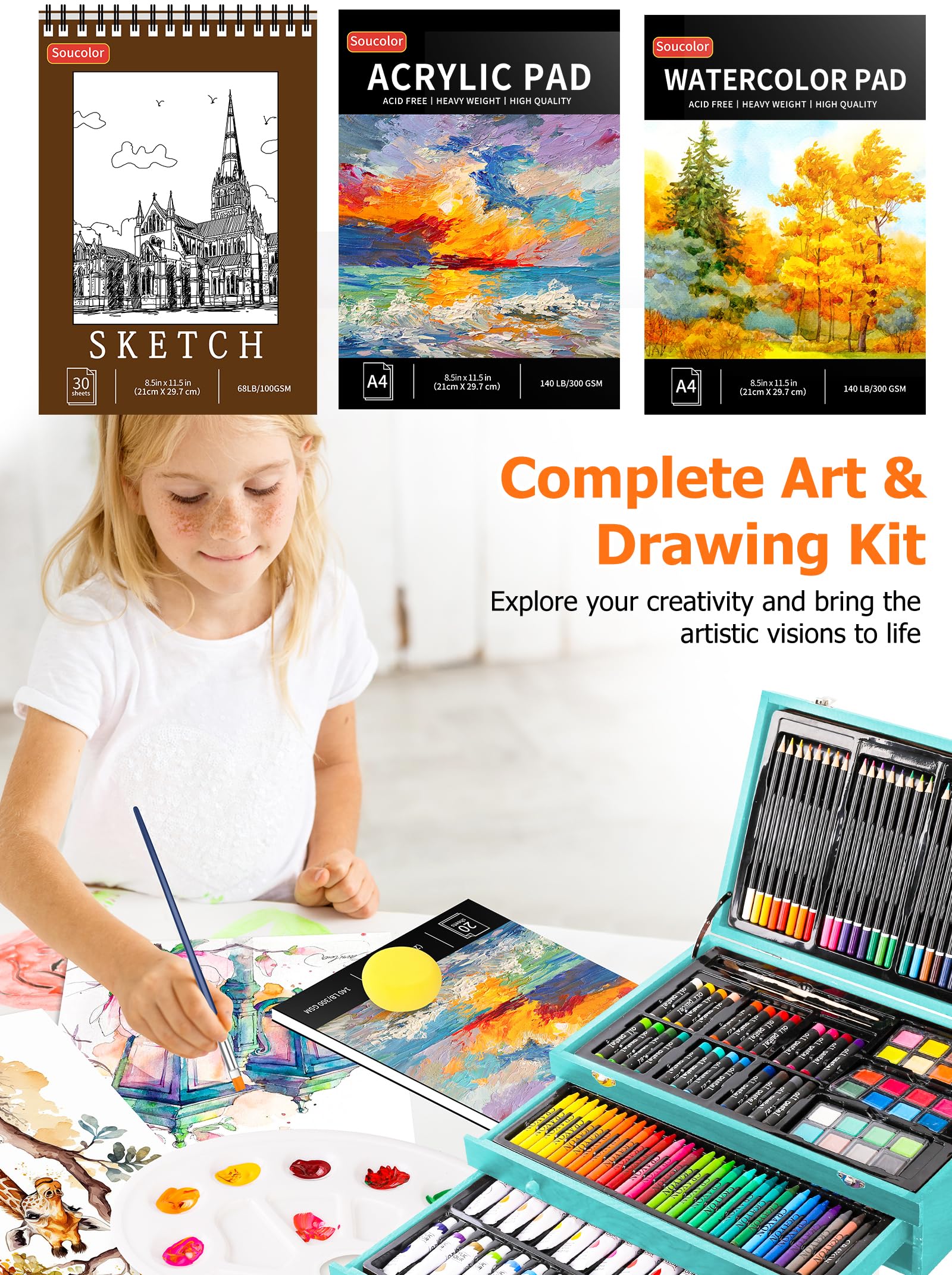Soucolor Art Supplies, 192-Pack Deluxe Art Set Drawing Painting Supplies Kit with Acrylic Pad, Watercolor Pad, Sketch Book, Canvases, Acrylic Paint, Crayons, Pencils, Gifts for Artist Adults Teen Kids