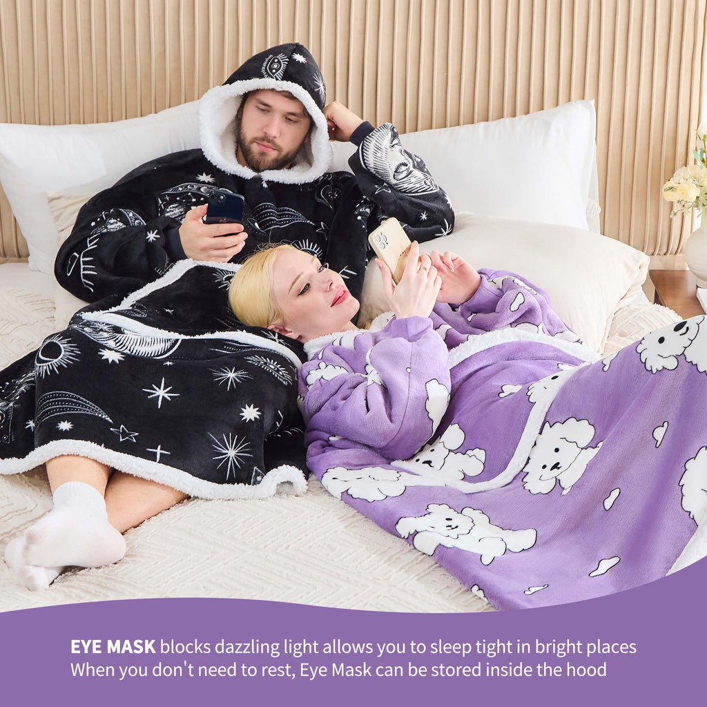 IFNOW Wearable Blanket Hoodie, Oversized Sherpa Fleece Hooded Sweatshirt with Eye Mask, Cozy and Giant Blanket Hoodie with Sleeves Extra Long for Adults Men Women, Black