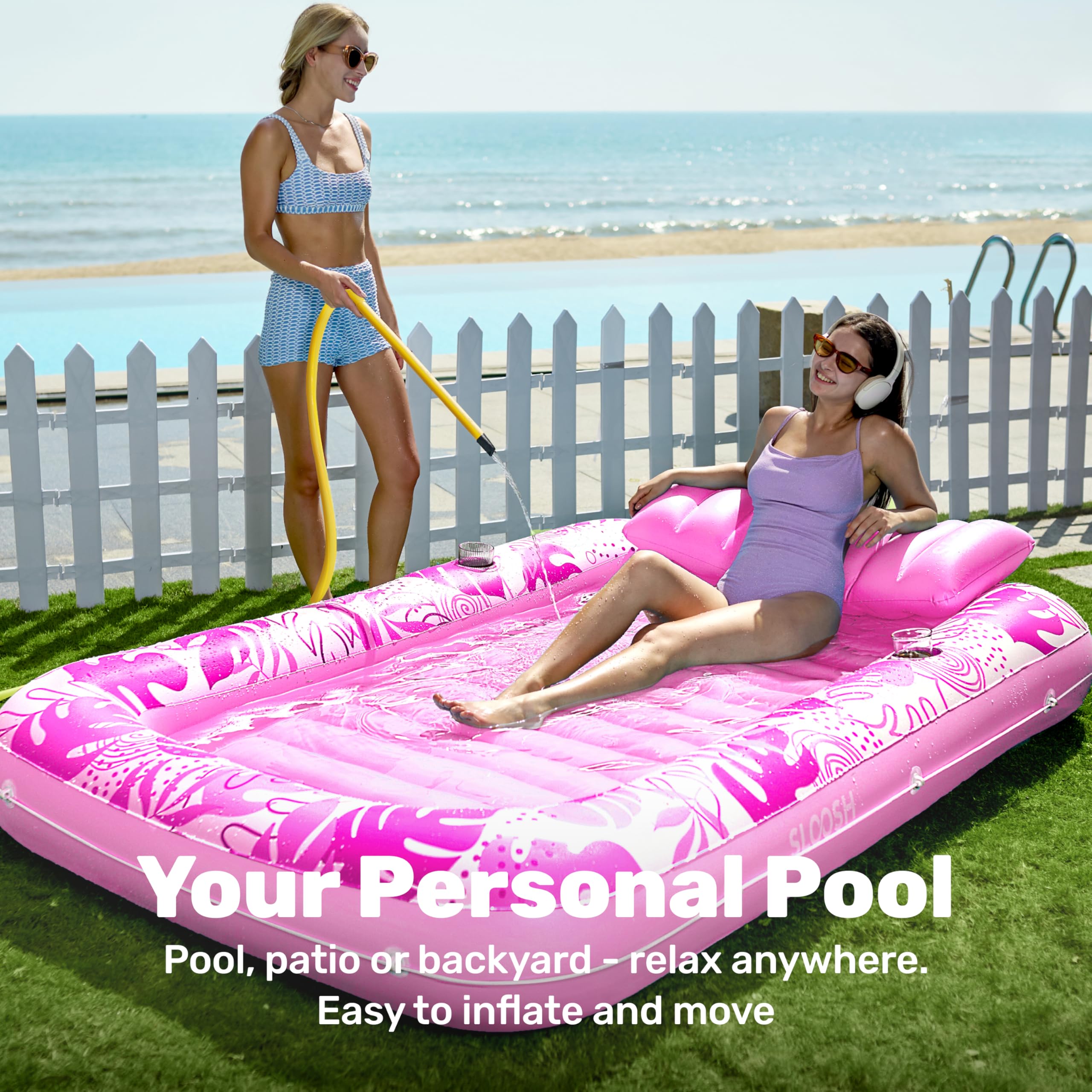SLOOSH Inflatable Tanning Pool Lounger Float, 85" x 57" Extra Large Pool Floats Adult with Pillow, 4 in 1 Suntan Tub Raft Floatie,Sunbathing Bed Lounge for Water Blow Up Ball Pit Party Gifts, XL-Blue