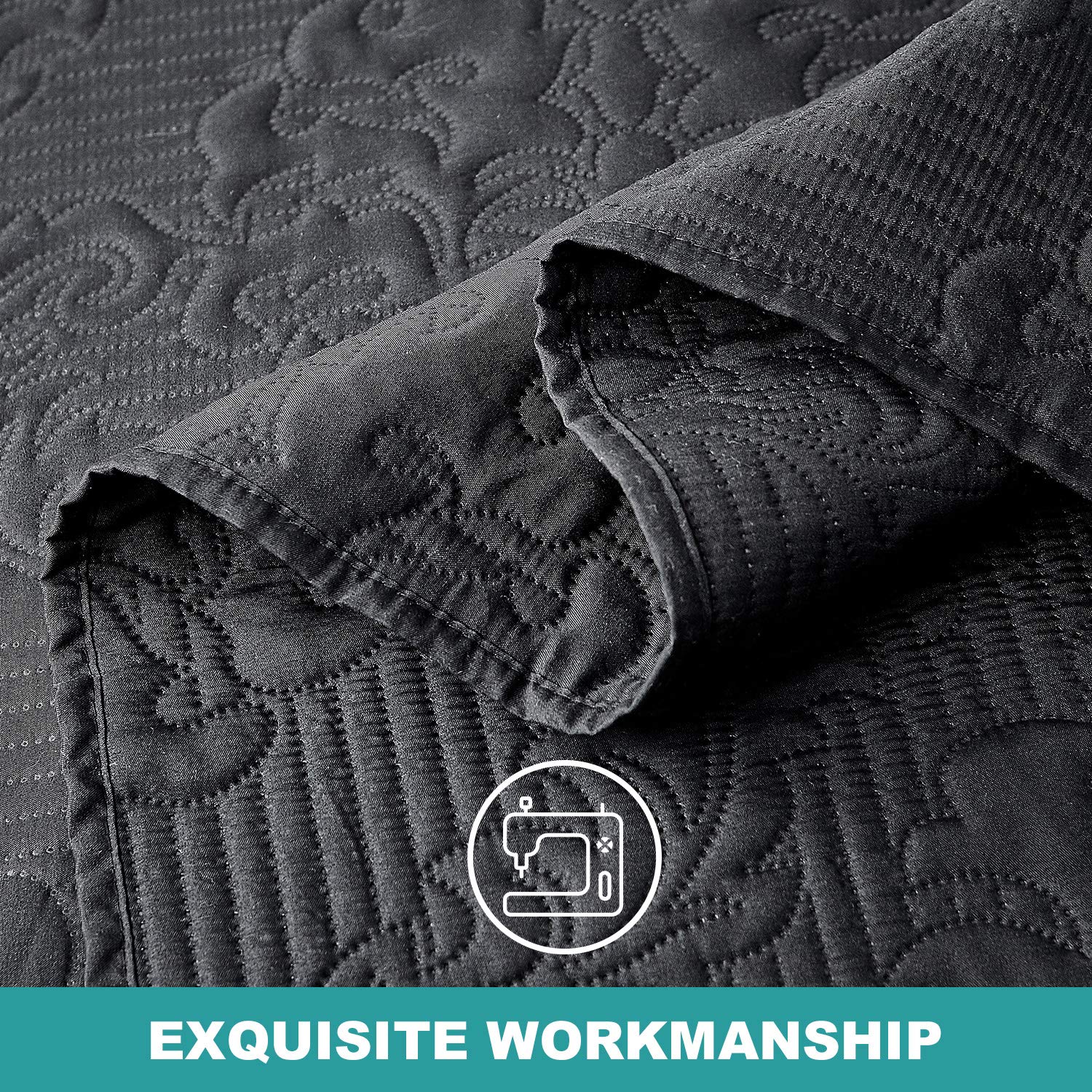 Hansleep Black Quilt Twin Size - Damask Ultrasonic All Season Bedspread Twin, Soft Lightweight Coverlet Bedding Set, 2 Pieces (1 Quilt, 1 Pillow Sham)