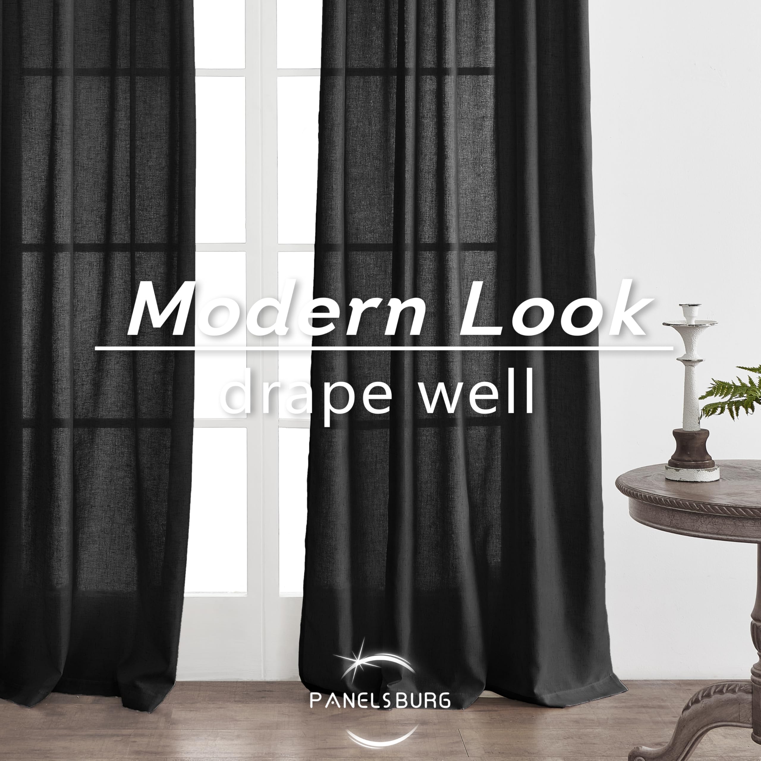 Black Linen Cotton Blend Sheer Curtains, Moody Light Filtering Drapes for Dark Academia Inspired Study Bedroom Living Room, 84 Inch Long 2 Panels Set