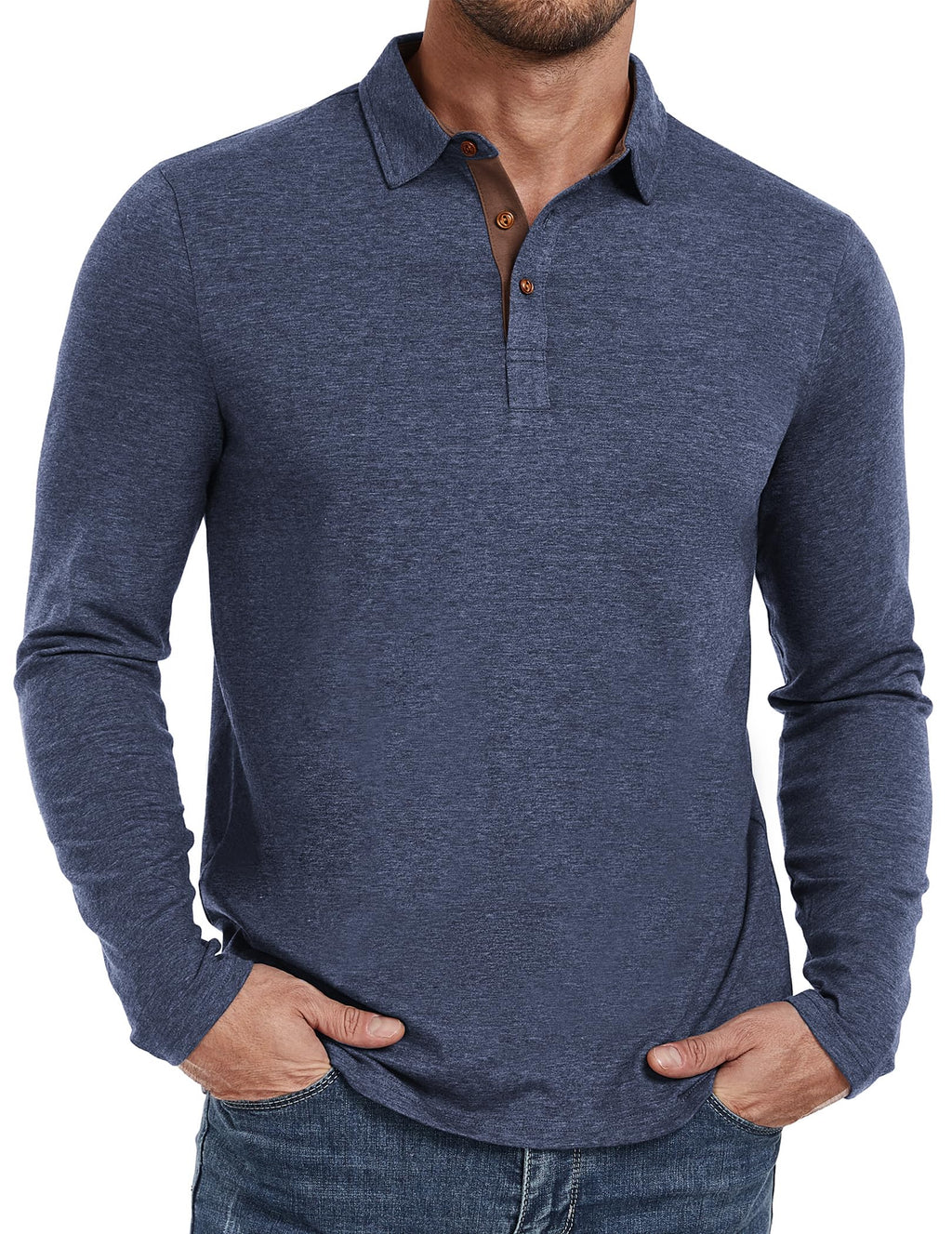 PEGENO Mens Polo Short/Long Sleeve Shirt Classic Button Basic Solid Color Designed Collared Polo Shirt Fashion Casual Shirts