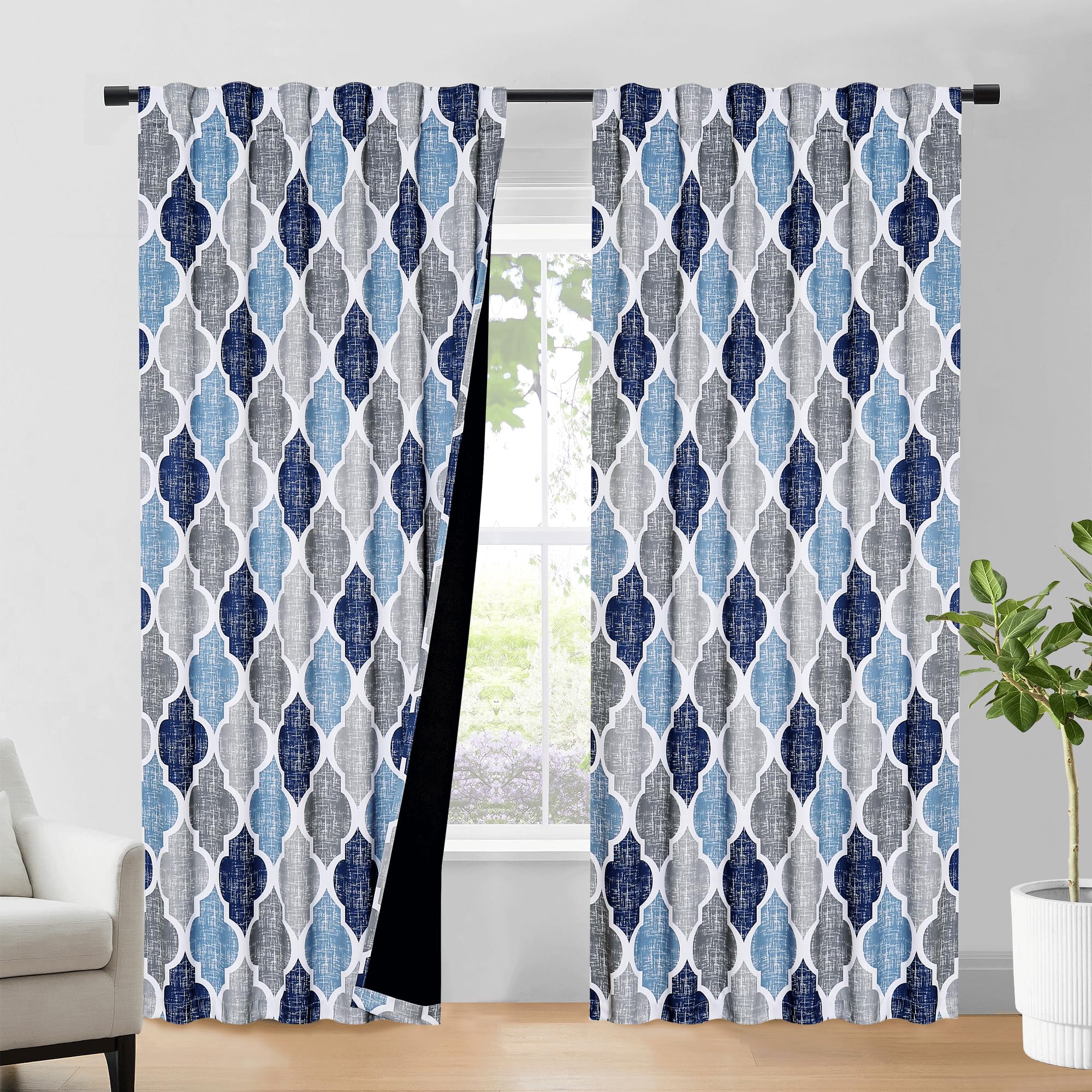 Beauoop 100% Blackout Curtains 45 Inches Long 2 Panels for Bedroom Living Room Aqua Grey Moroccan Geo Room Darkening Thermal Insulated Soundproof Grommet Top Window Treatments Drapes, 50x45 Set of 2
