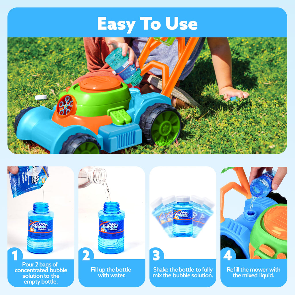 SLOOSH Bubble Lawn Mower Toddler Toys - Spill-Proof Bubble Machine Pretend Gardening Play Toy for Age 1 2 3 1-3 Year Old Baby Boys Indoor Outdoor Use, Easter Basket Stuffers Birthday Gifts (Blue)