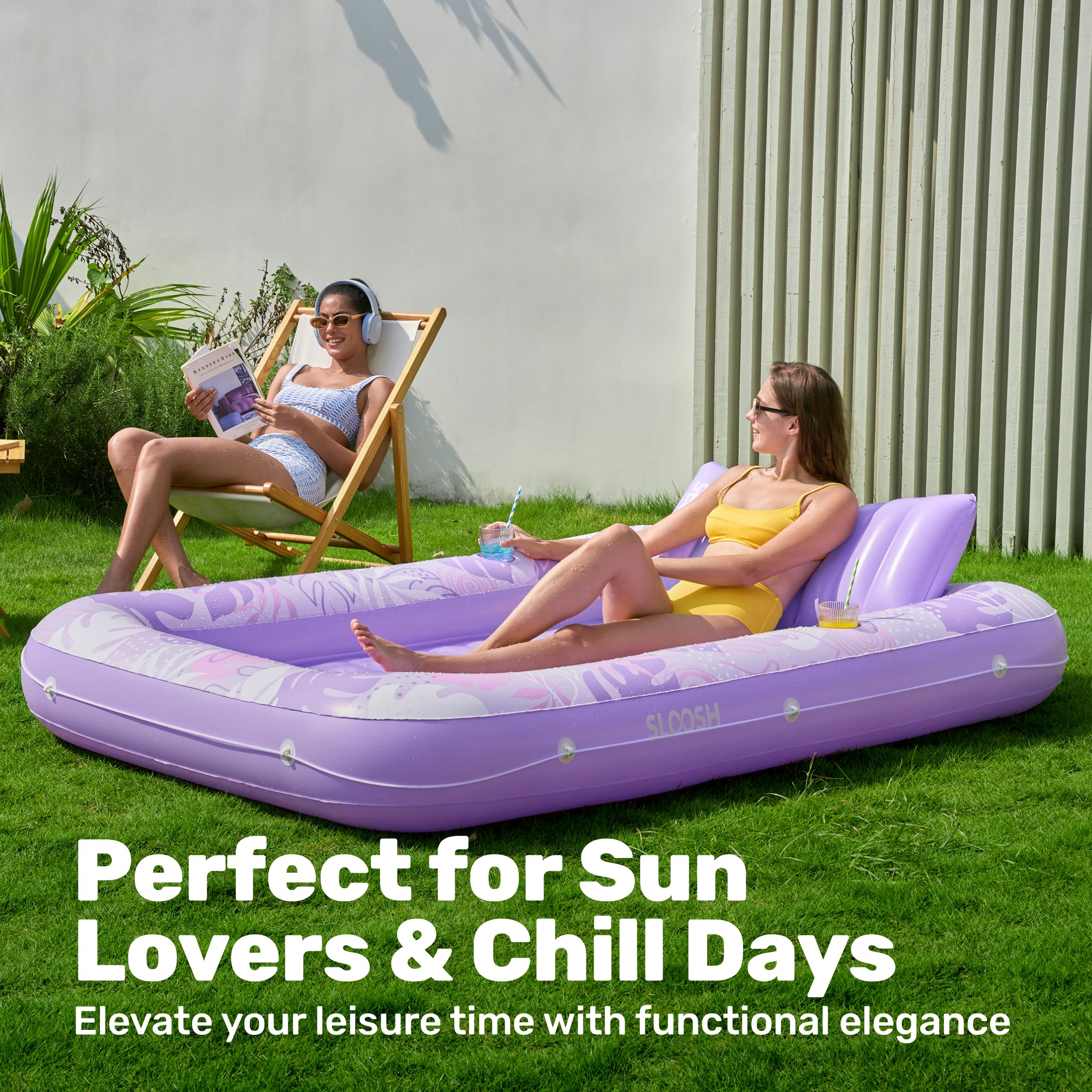 SLOOSH Inflatable Tanning Pool Lounger Float, 85" x 57" Extra Large Pool Floats Adult with Pillow, 4 in 1 Suntan Tub Raft Floatie,Sunbathing Bed Lounge for Water Blow Up Ball Pit Party Gifts, XL-Blue