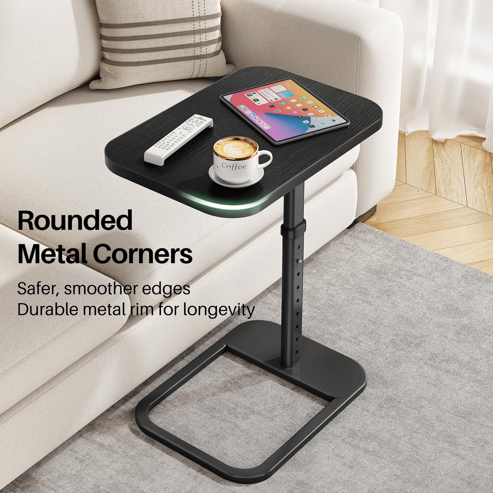 Kitstorack TV Tray Table, Adjustable Height & Rounded Metal Corners, Snack Table for Couch, Sofa, Bed, Chair, Living Room, C Shaped End Side Table for Eating, Dinner or Laptop, Small Spaces, Black