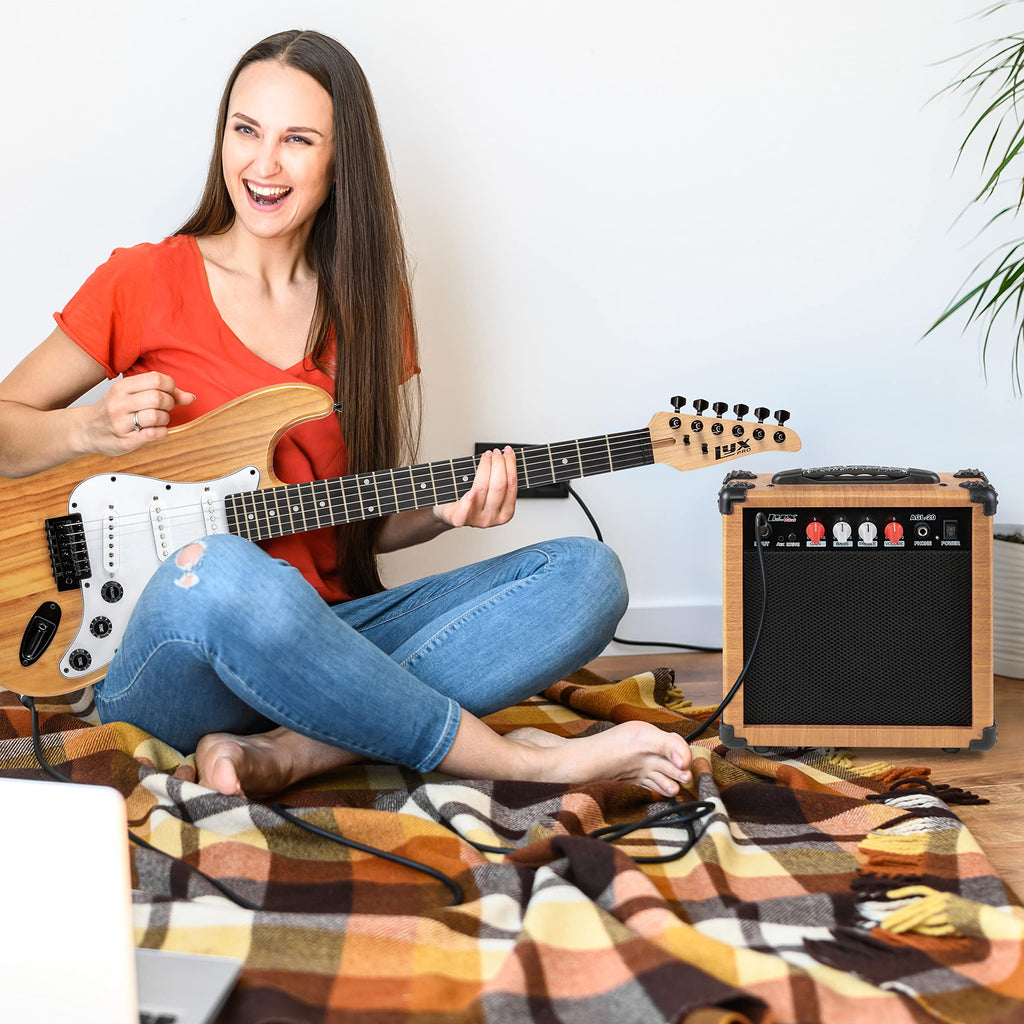 LyxPro Electric Guitar Amp 20 Watt Amplifier Built in Speaker Headphone Jack and Aux Input Includes Gain Bass Treble Volume and Grind - Black