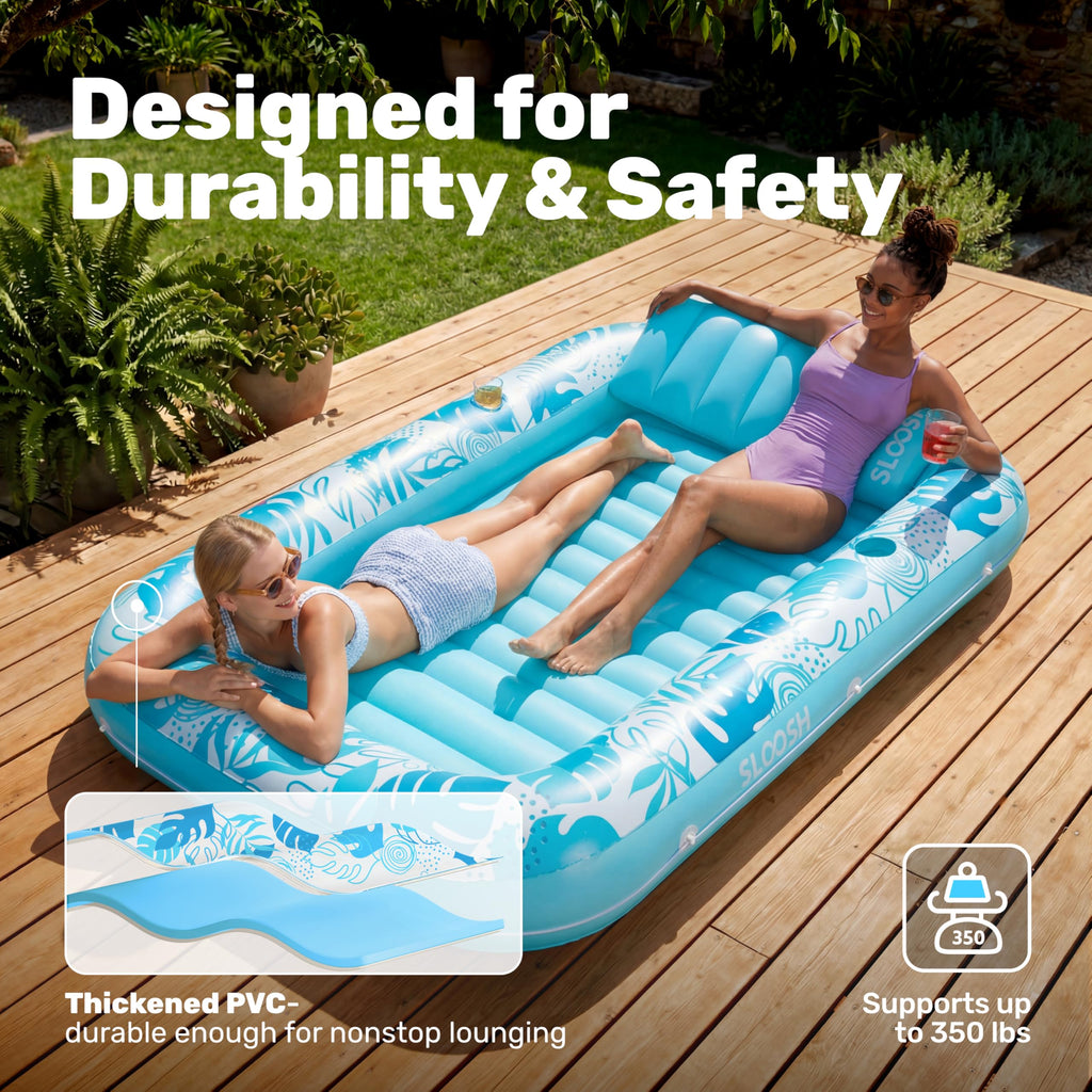 SLOOSH Inflatable Tanning Pool Lounger Float, 85" x 57" Extra Large Pool Floats Adult with Pillow, 4 in 1 Suntan Tub Raft Floatie,Sunbathing Bed Lounge for Water Blow Up Ball Pit Party Gifts, XL-Blue