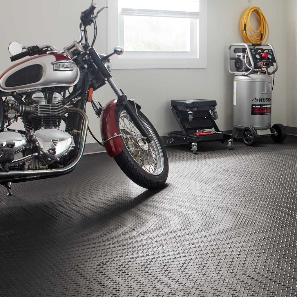 VersaTex Garage Floor 18 x 18 inch Square Rubber Diamond Plate Interlocking Floor Tiles for Home Gym, Garage Flooring, Trade Show Flooring, Basement Tiles, 24 Pack (Black)
